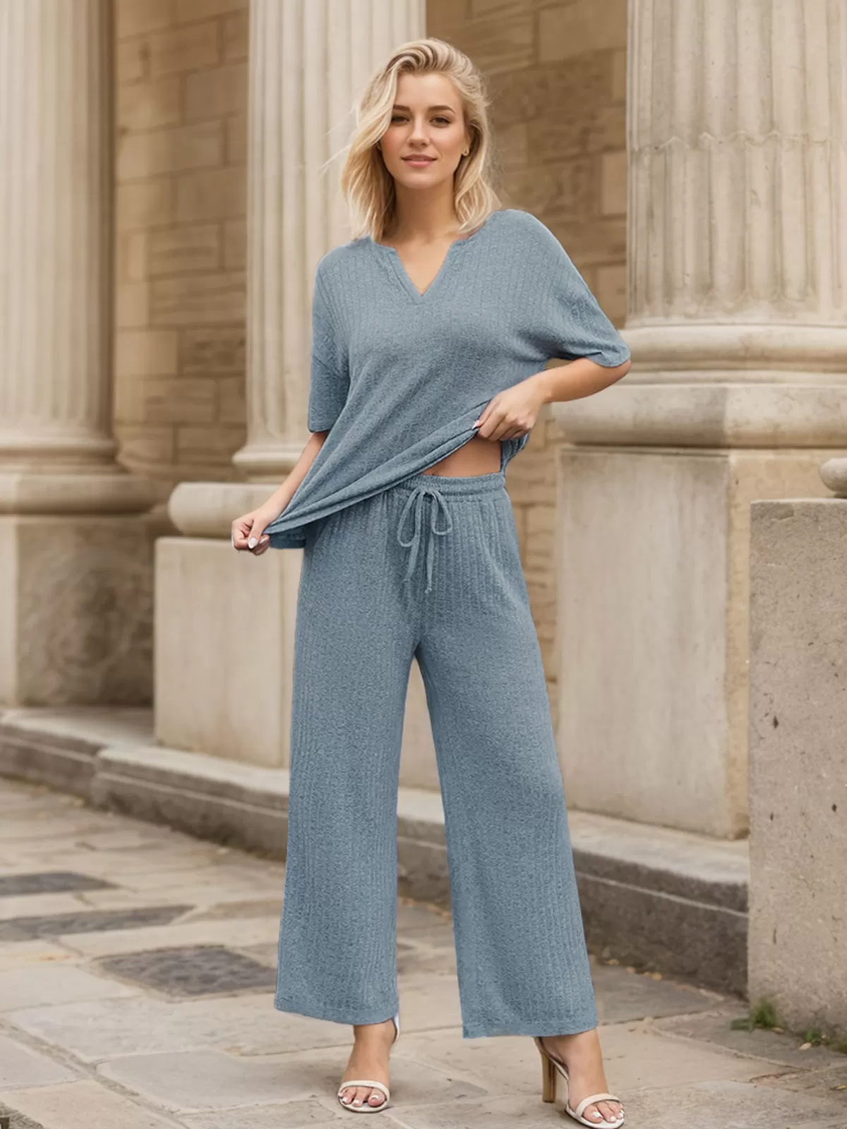 Solid Short Sleeve V Neck Top & Solid Fabric Pants, 3 of 6