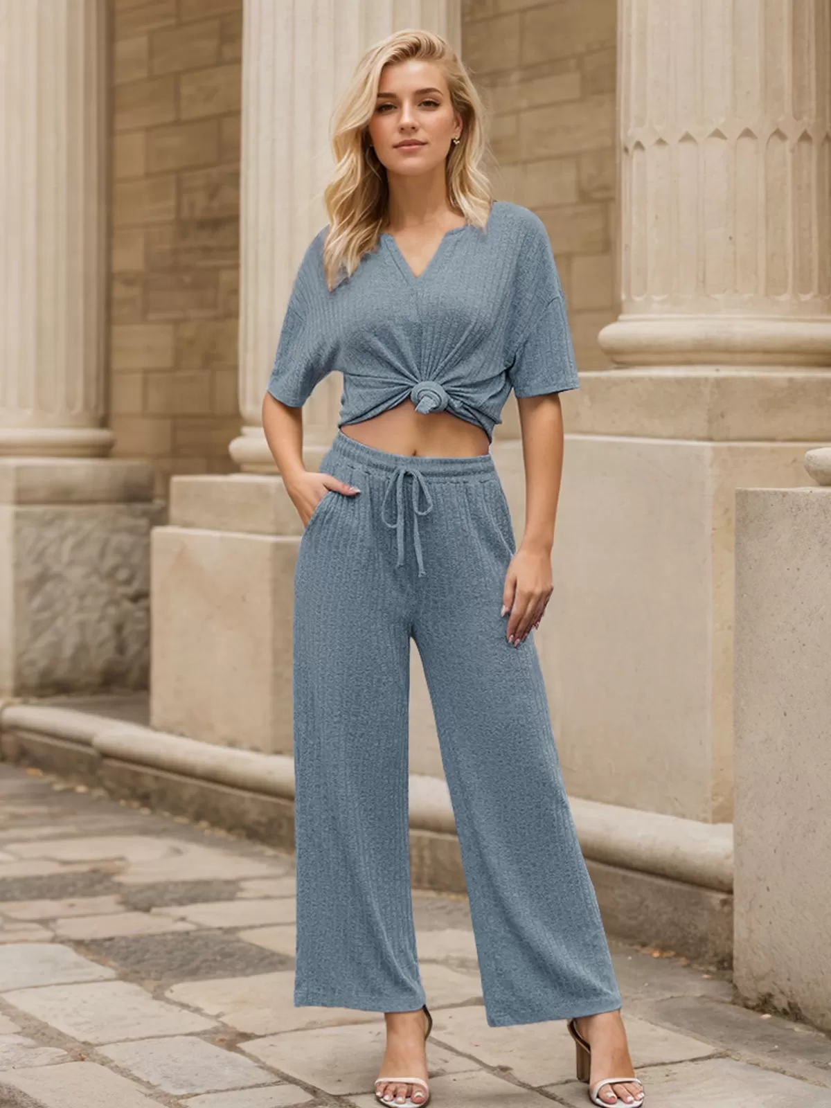 Solid Short Sleeve V Neck Top & Solid Fabric Pants, 4 of 6