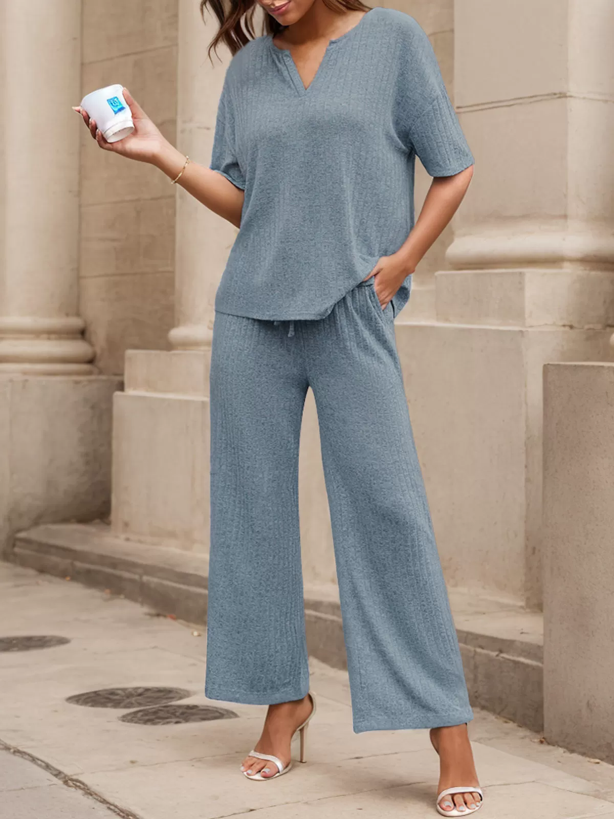 Solid Short Sleeve V Neck Top & Solid Fabric Pants, 6 of 6