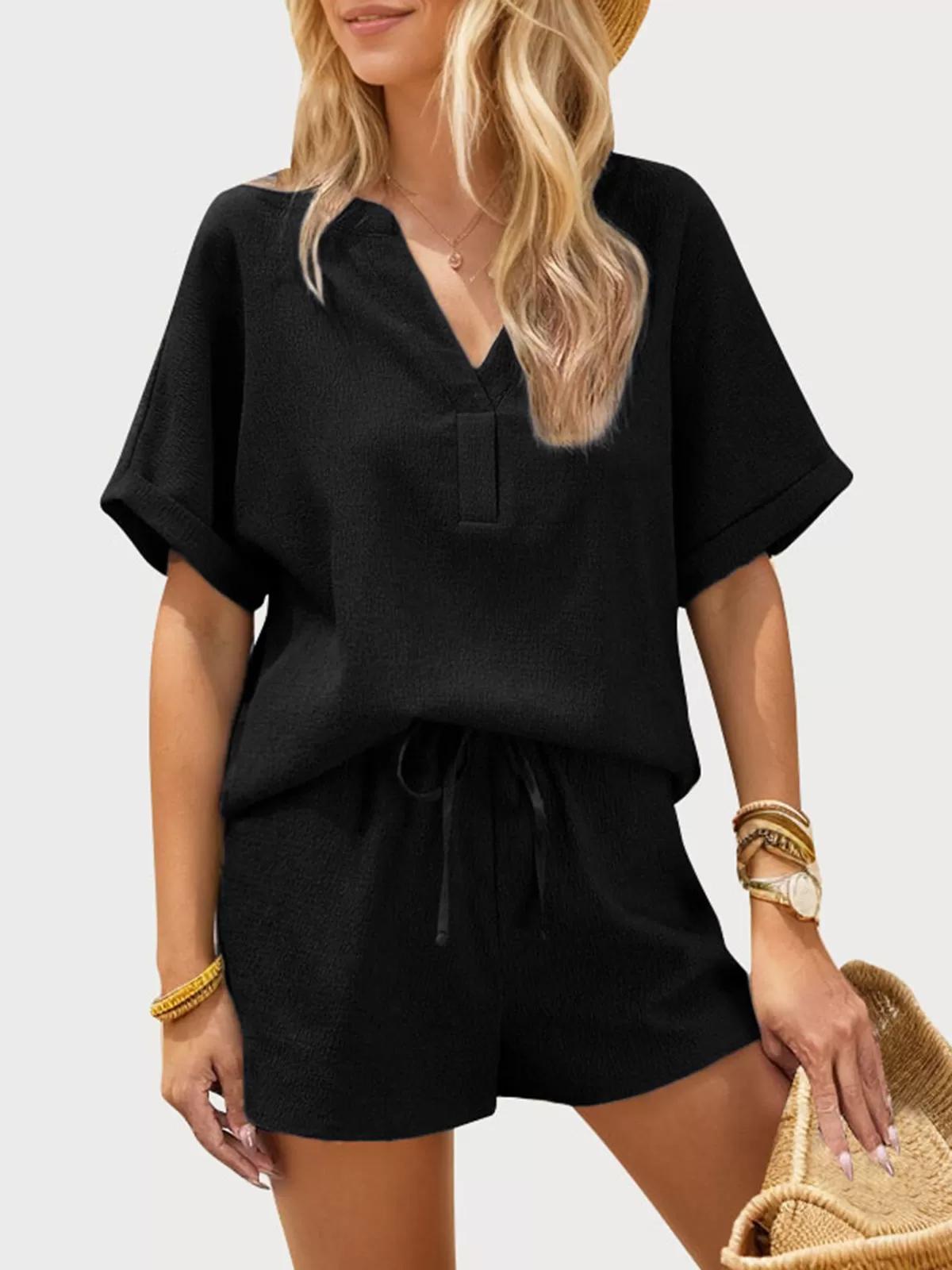 Solid Short Sleeve V Neck Top & Solid Drawstring Waist Shorts, 1 of 6