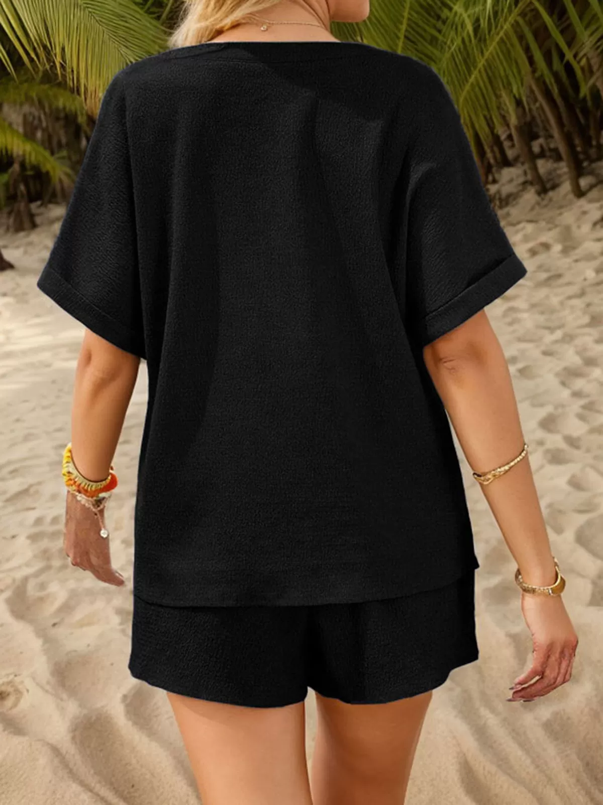 Solid Short Sleeve V Neck Top & Solid Drawstring Waist Shorts, 3 of 6