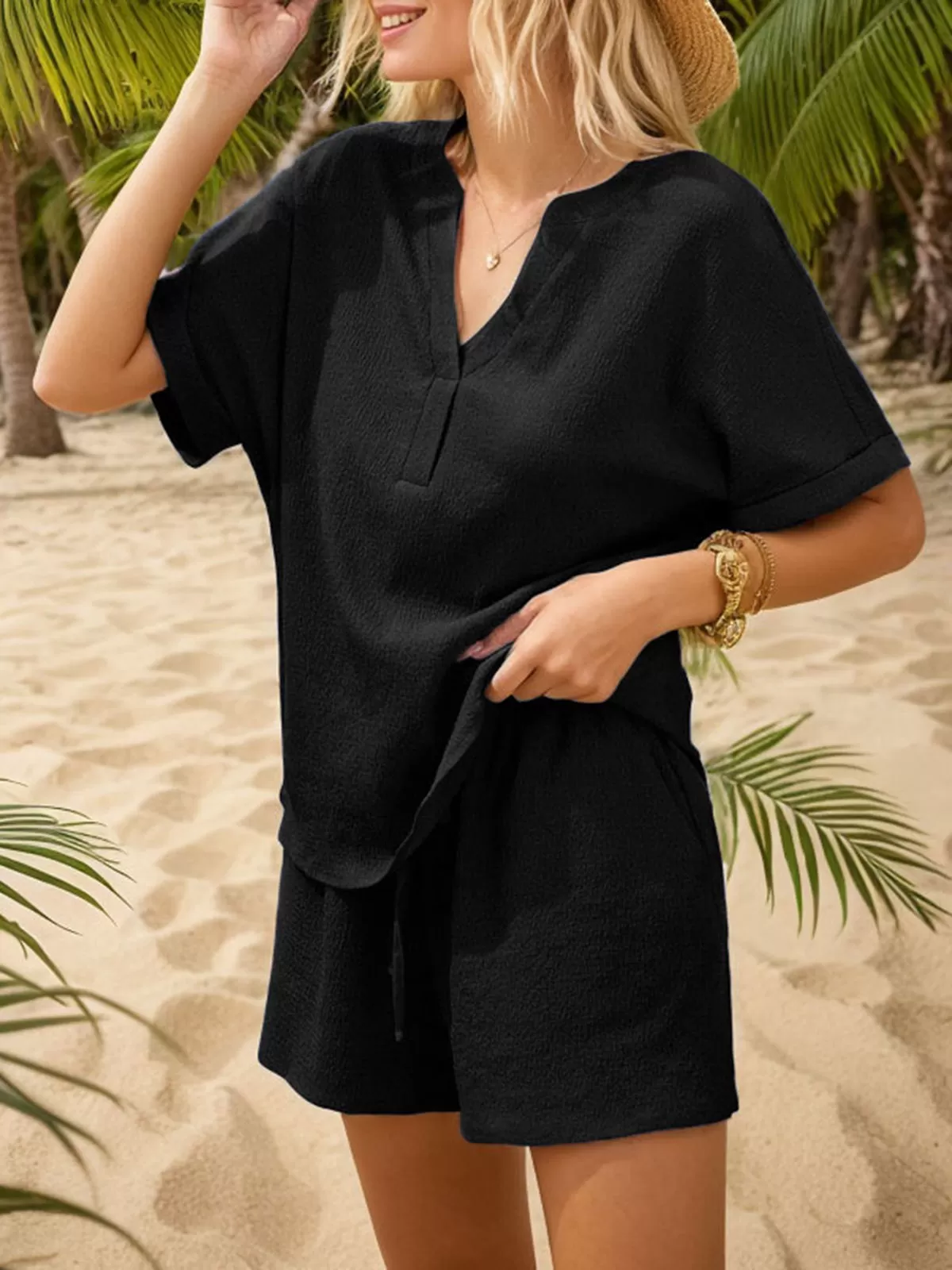 Solid Short Sleeve V Neck Top & Solid Drawstring Waist Shorts, 4 of 6