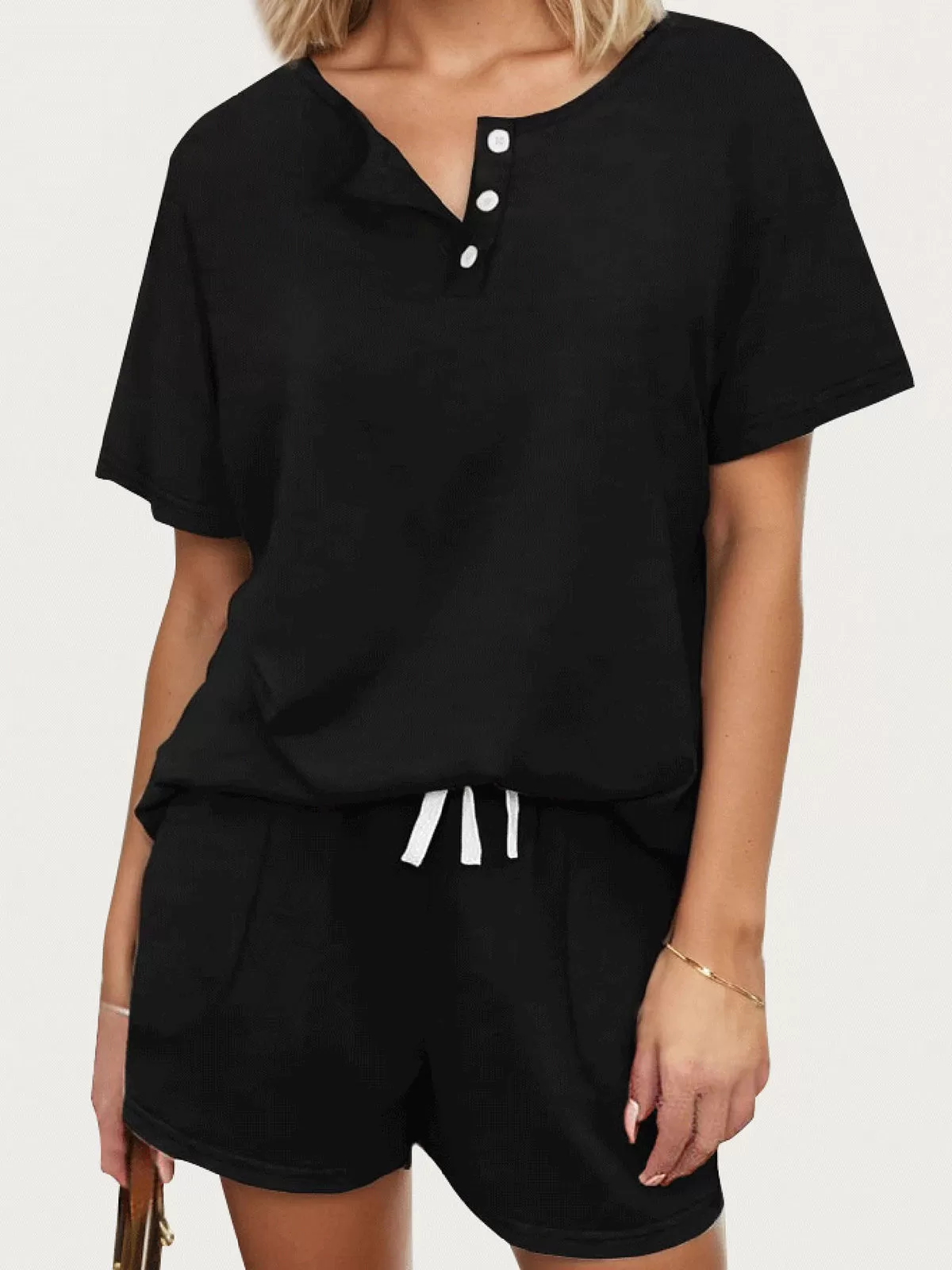 Solid Short Sleeve V Neck T-shirt & Solid Drawstring Waist Shorts, 1 of 4