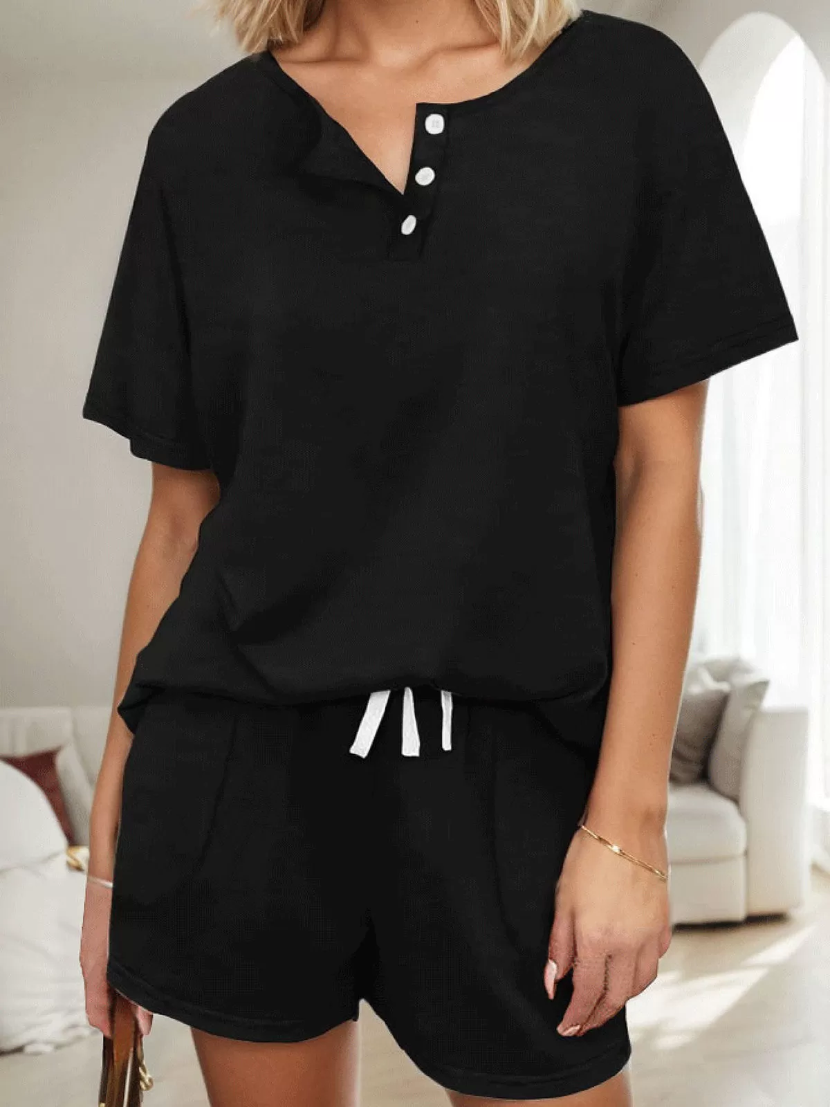 Solid Short Sleeve V Neck T-shirt & Solid Drawstring Waist Shorts, 2 of 4