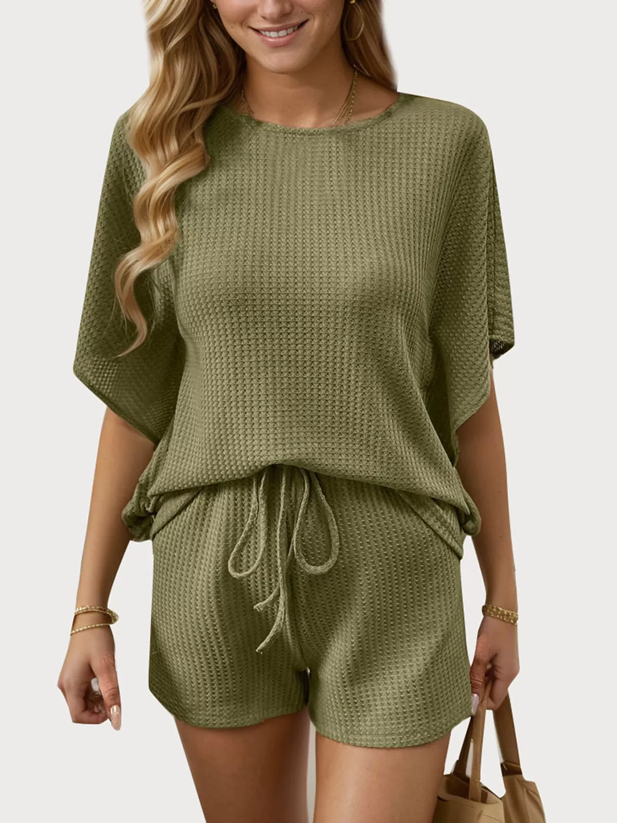 Solid Batwing T-shirt & Solid Drawstring Waist Shorts, 1 of 5