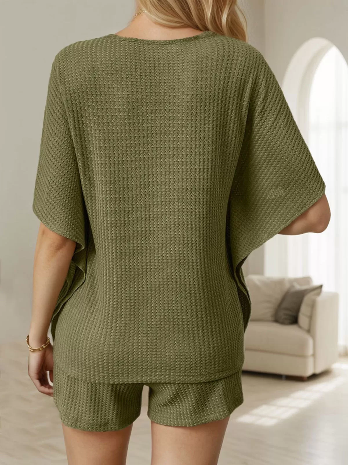 Solid Batwing T-shirt & Solid Drawstring Waist Shorts, 3 of 5