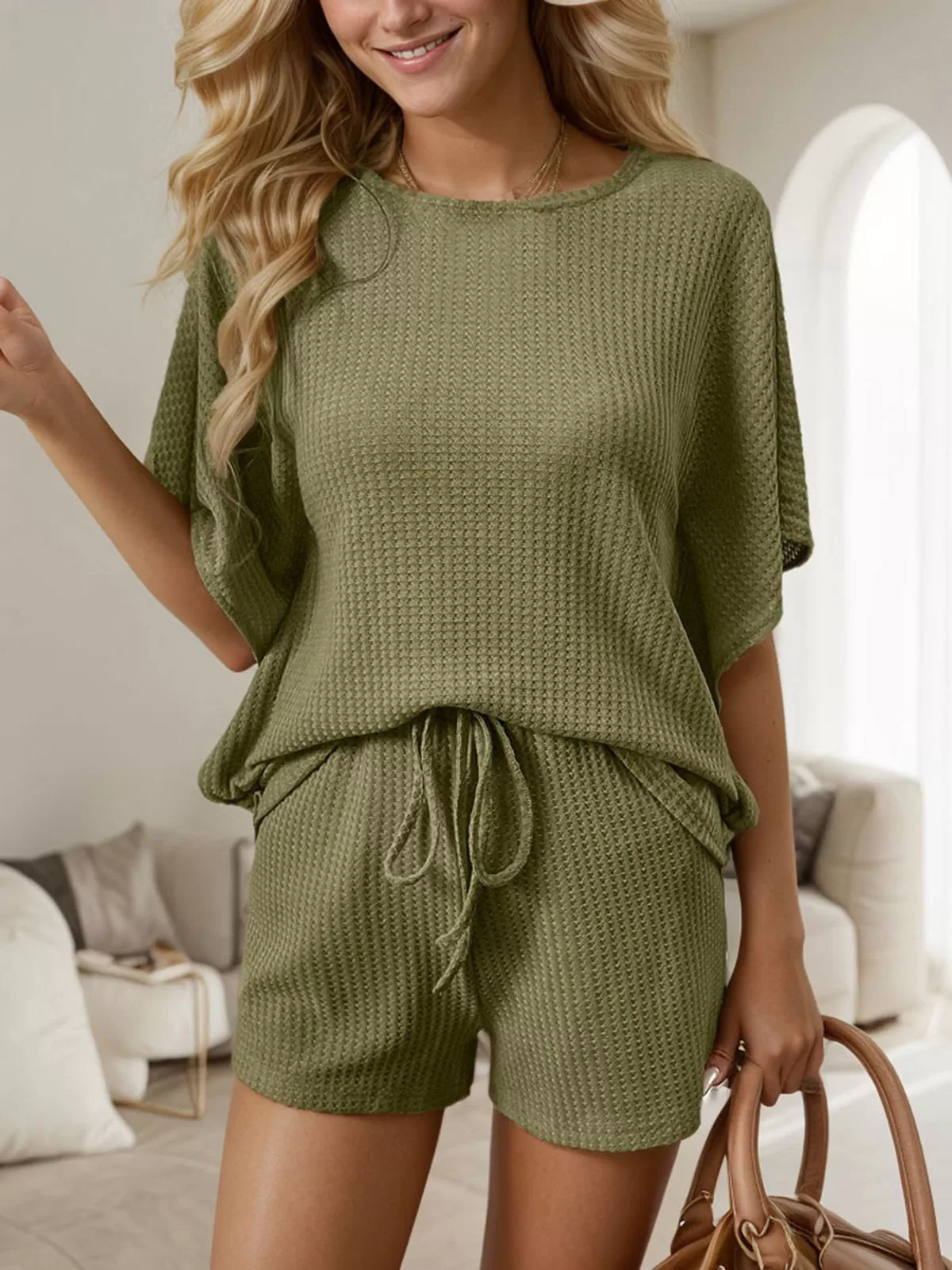 Solid Batwing T-shirt & Solid Drawstring Waist Shorts, 5 of 5