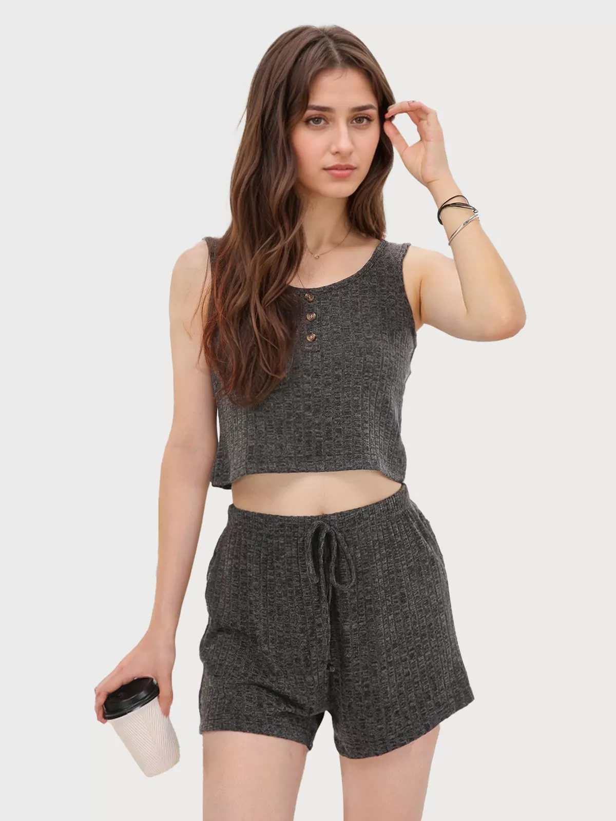 Solid Button Tank & Solid Drawstring Waist Shorts, 1 of 6
