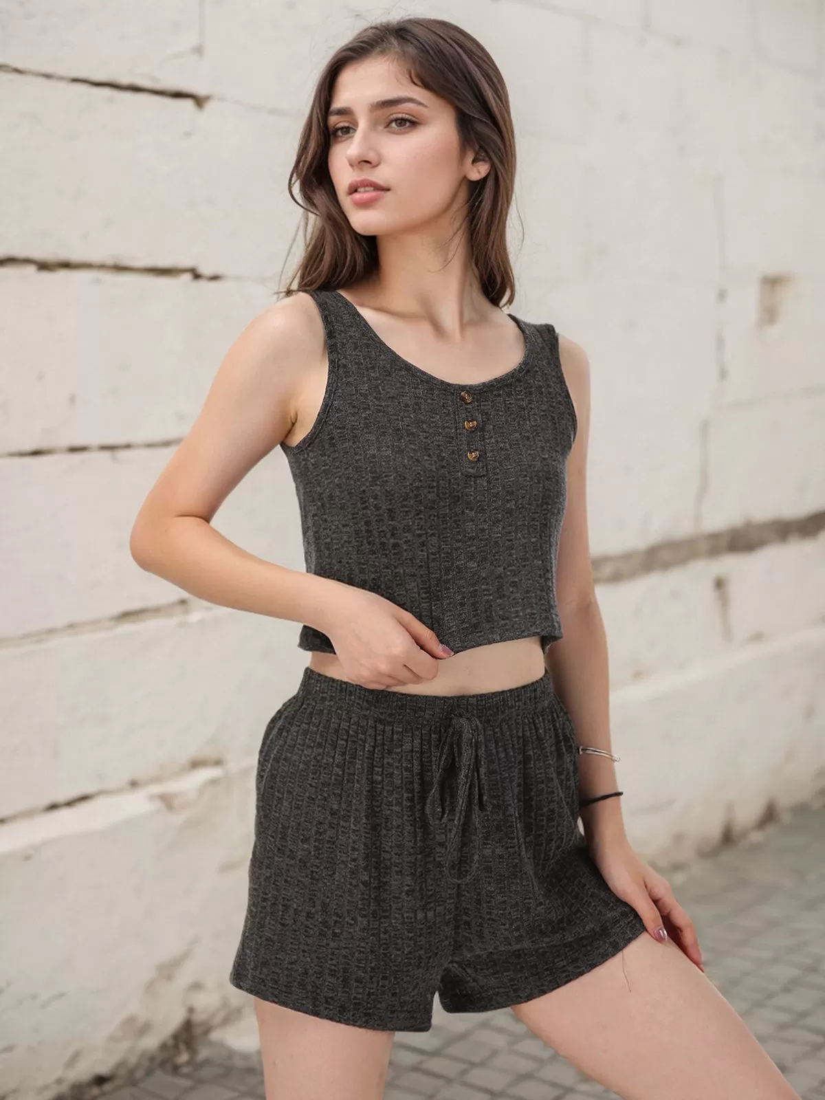 Solid Button Tank & Solid Drawstring Waist Shorts, 3 of 6