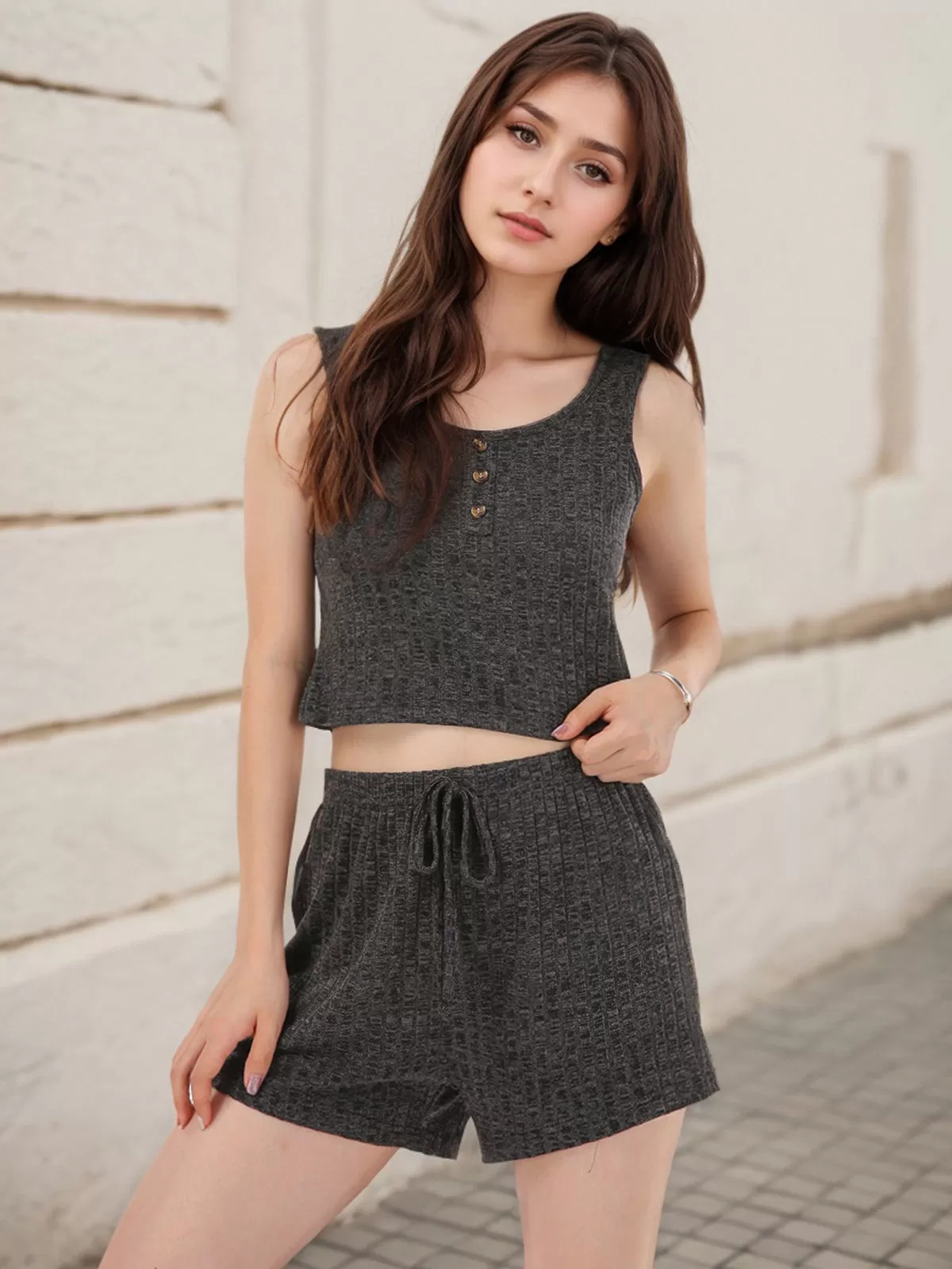 Solid Button Tank & Solid Drawstring Waist Shorts, 5 of 6