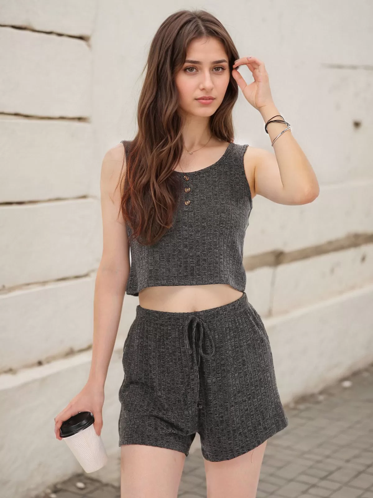 Solid Button Tank & Solid Drawstring Waist Shorts, 6 of 6