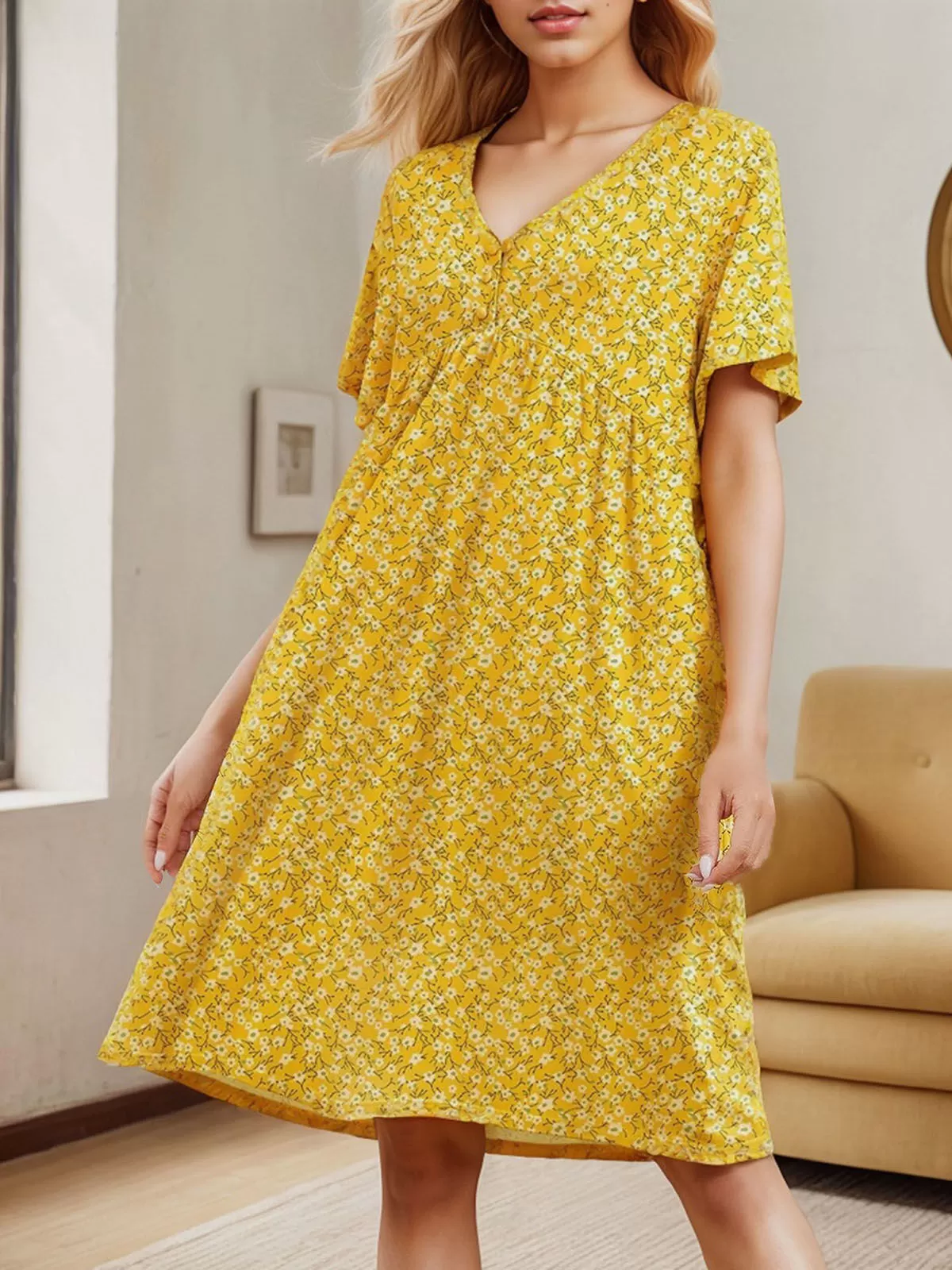Floral V-neck A-line Dress, 2 of 5