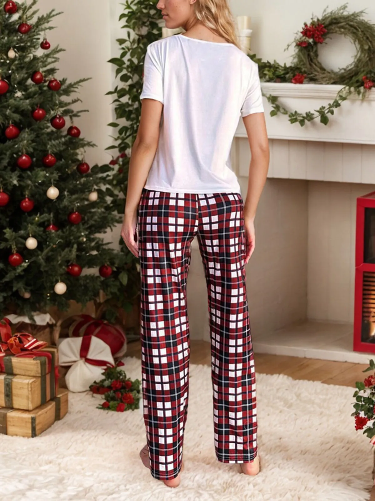 Cartoon Round Neck T-shirt & Scottish Plaid Pants, 3 of 6