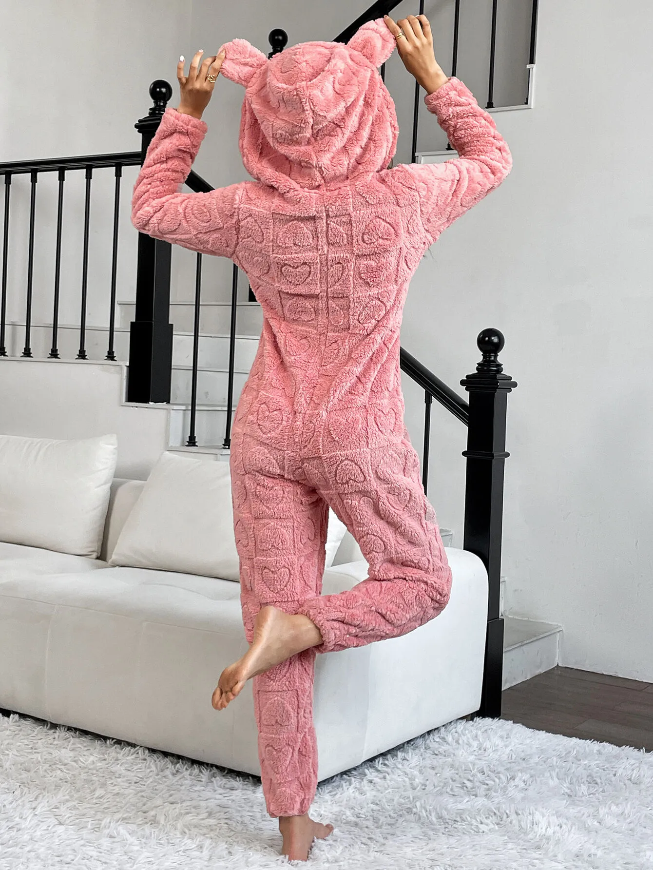 Solid Heart Hooded Flannelette Regular Long Sleeves Jumpsuit, 2 of 6