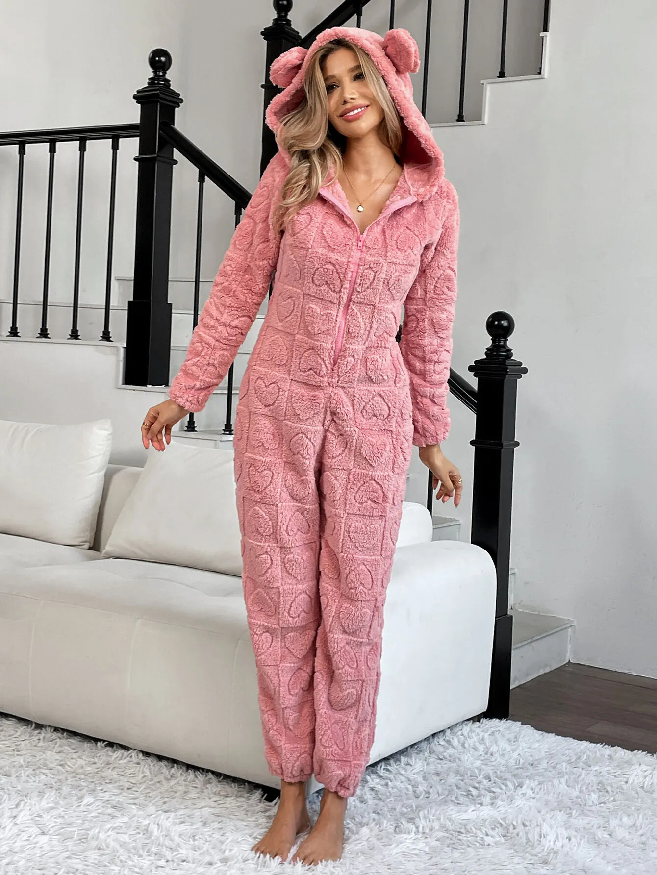 Solid Heart Hooded Flannelette Regular Long Sleeves Jumpsuit, 5 of 6