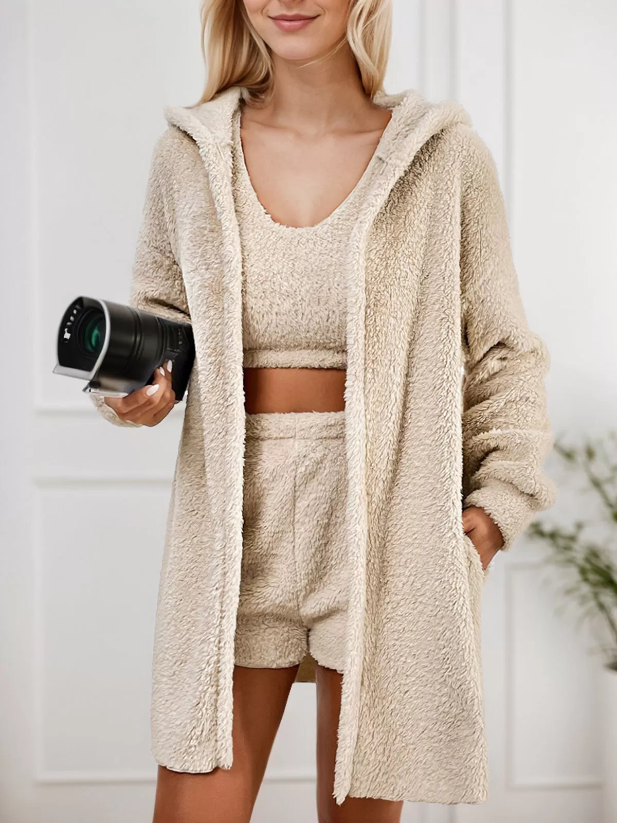 Solid Flannelette Set with Tank & Shorts, Outwear, 3 of 5