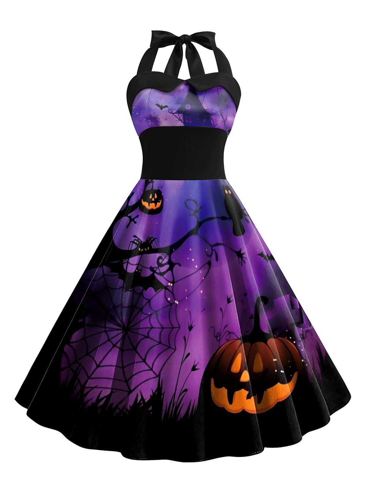 Bright Purple 1950s Halloween Spider Web Halter Dress Bright Purple / S, 1 of 1