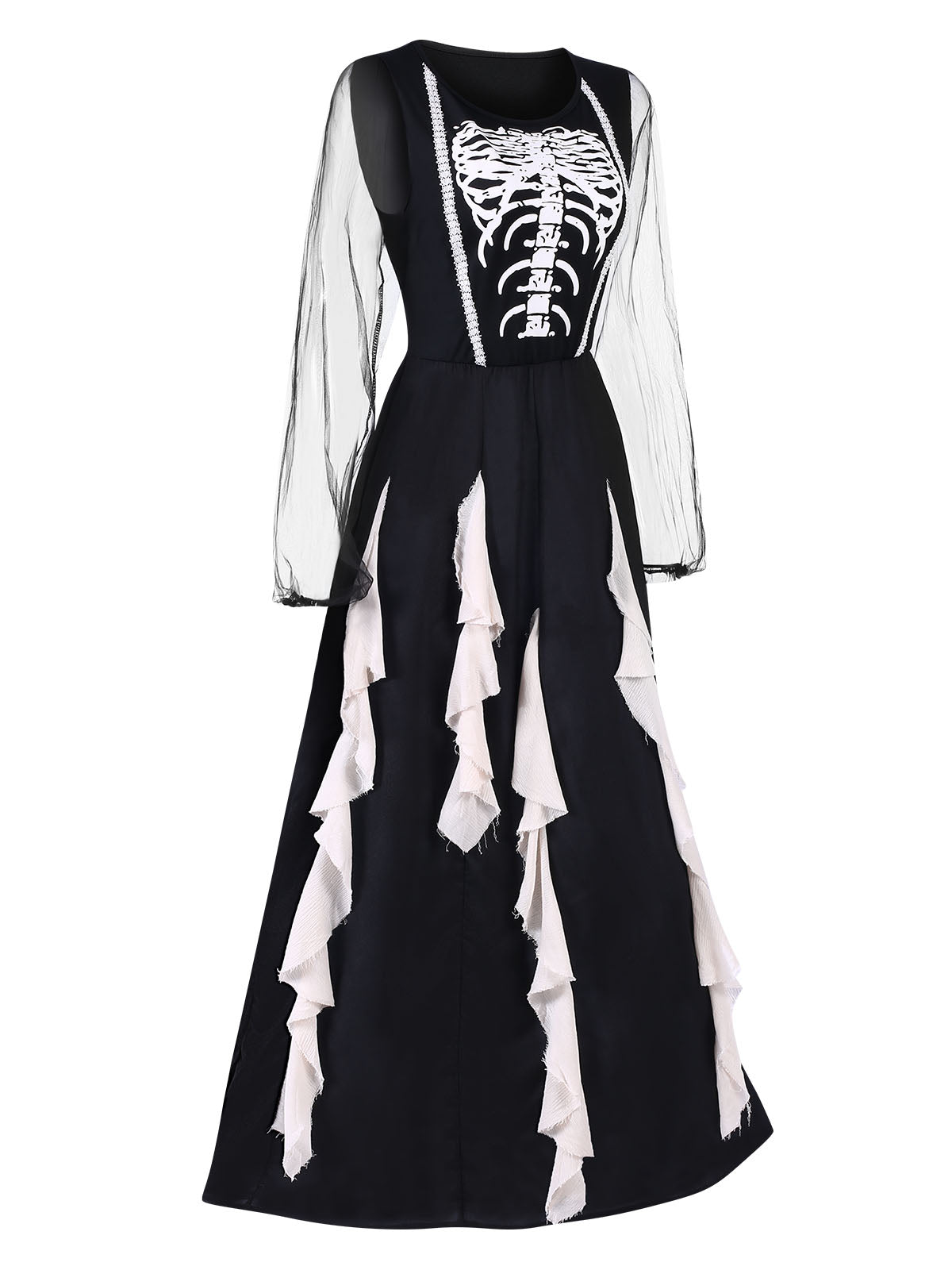 Black Halloween Skeleton Ruffles Dress With Veil , 3 of 11