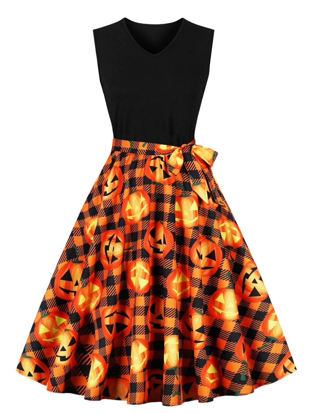 Halloween Patchwork Belt Swing Dress Stars & Pumpkin, 4 of 10