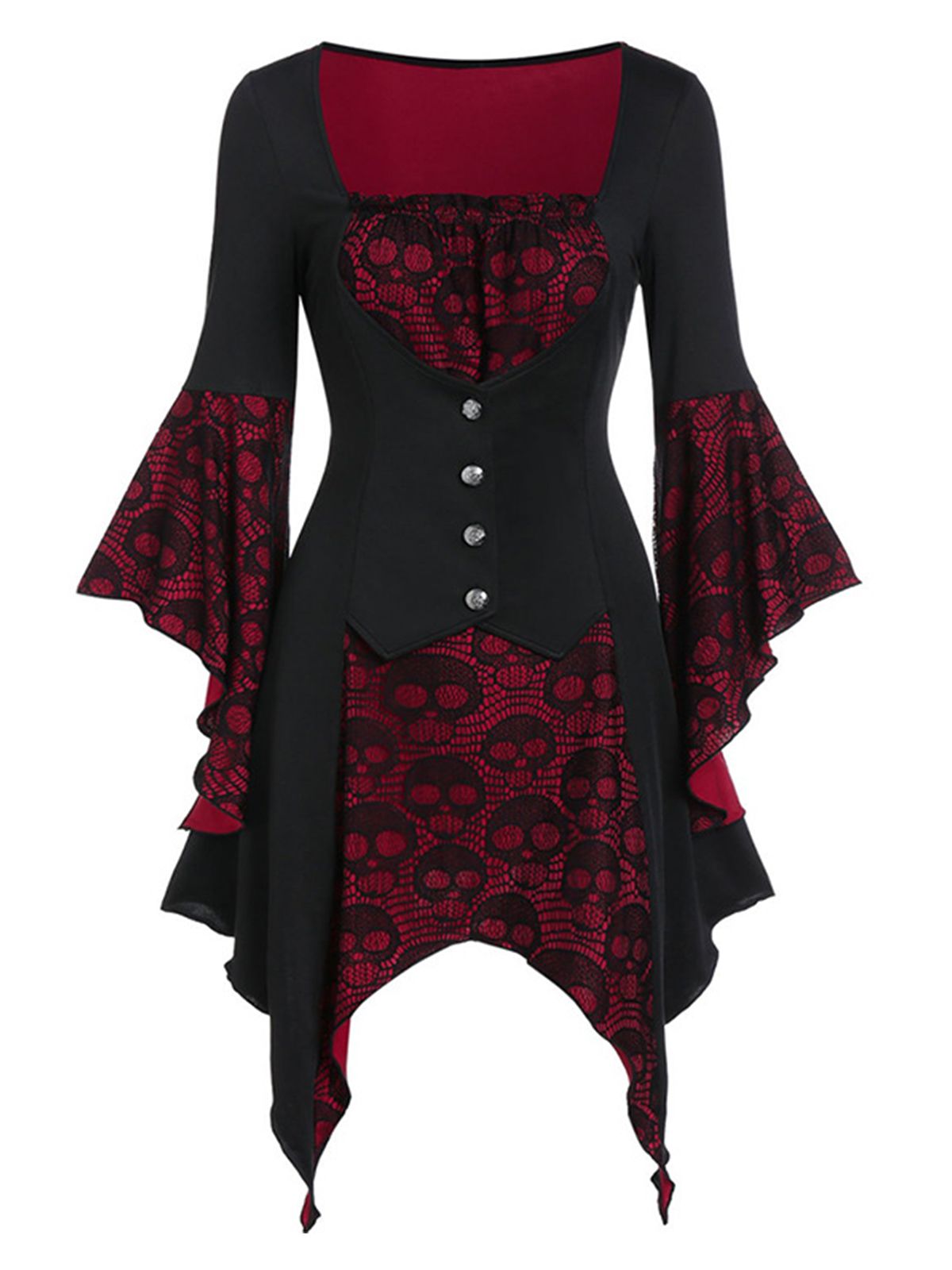 Wine Red&Black Skull Lace Button Dress, 1 of 4