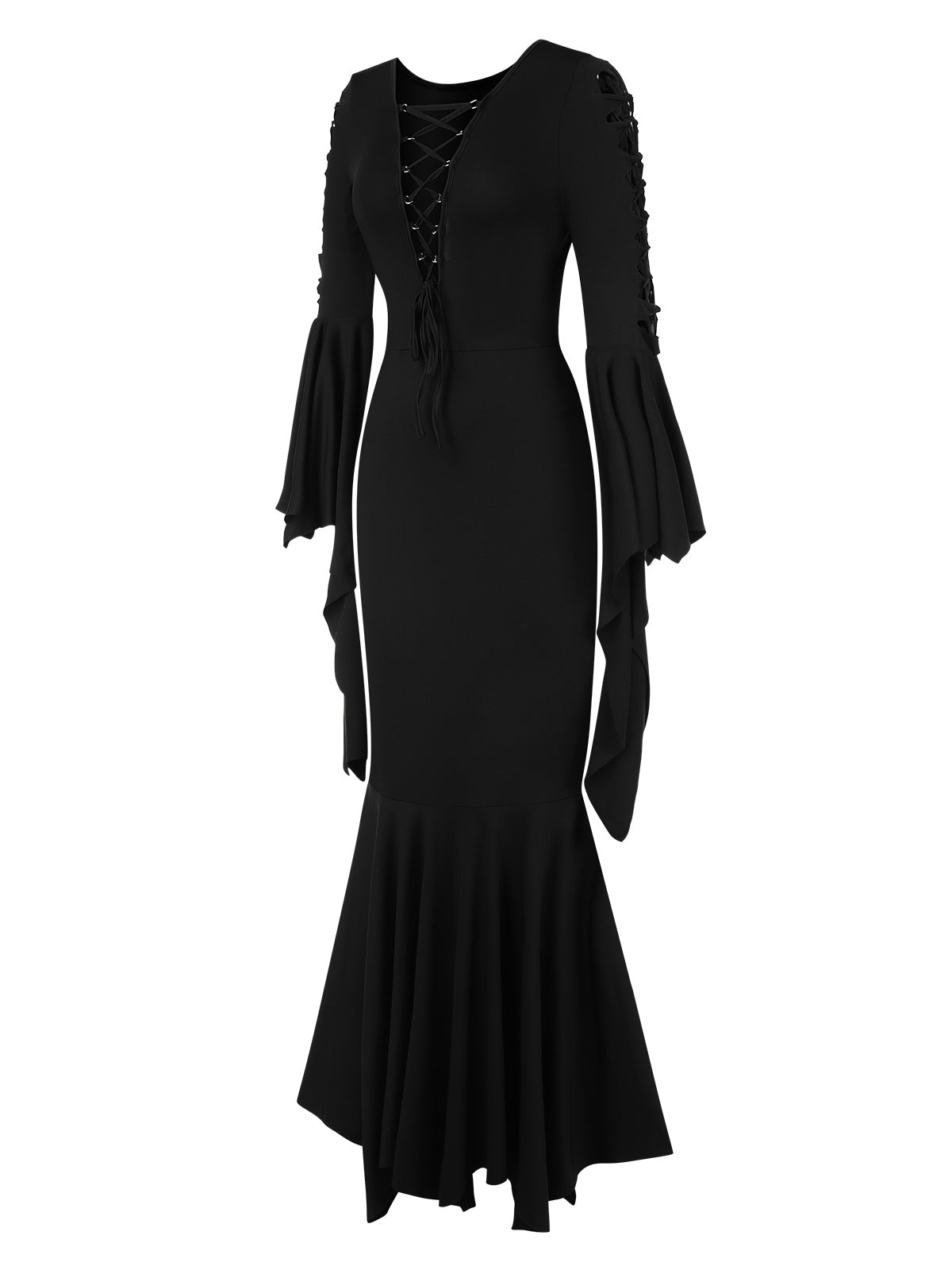 Black 1930s Solid Batwing Lace-Up Fishtail Dress Black / S, 3 of 9