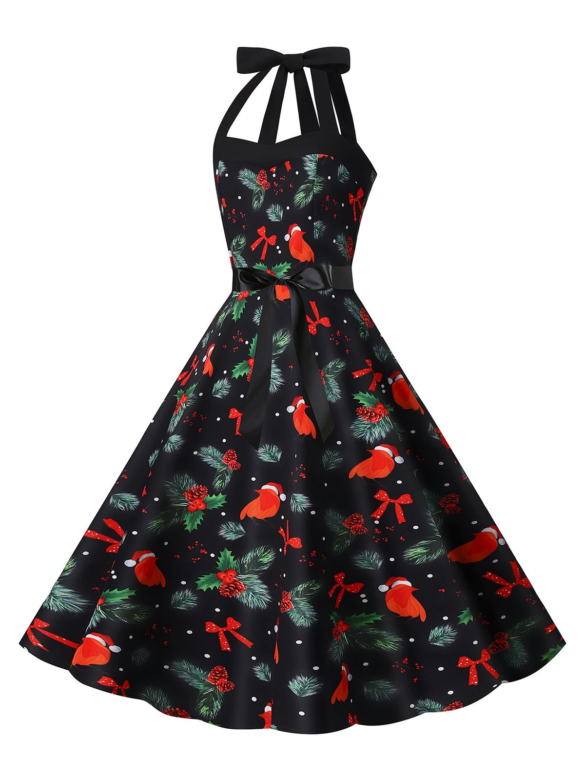 1950s Christmas Halter Belted Swing Dress , 9 of 11