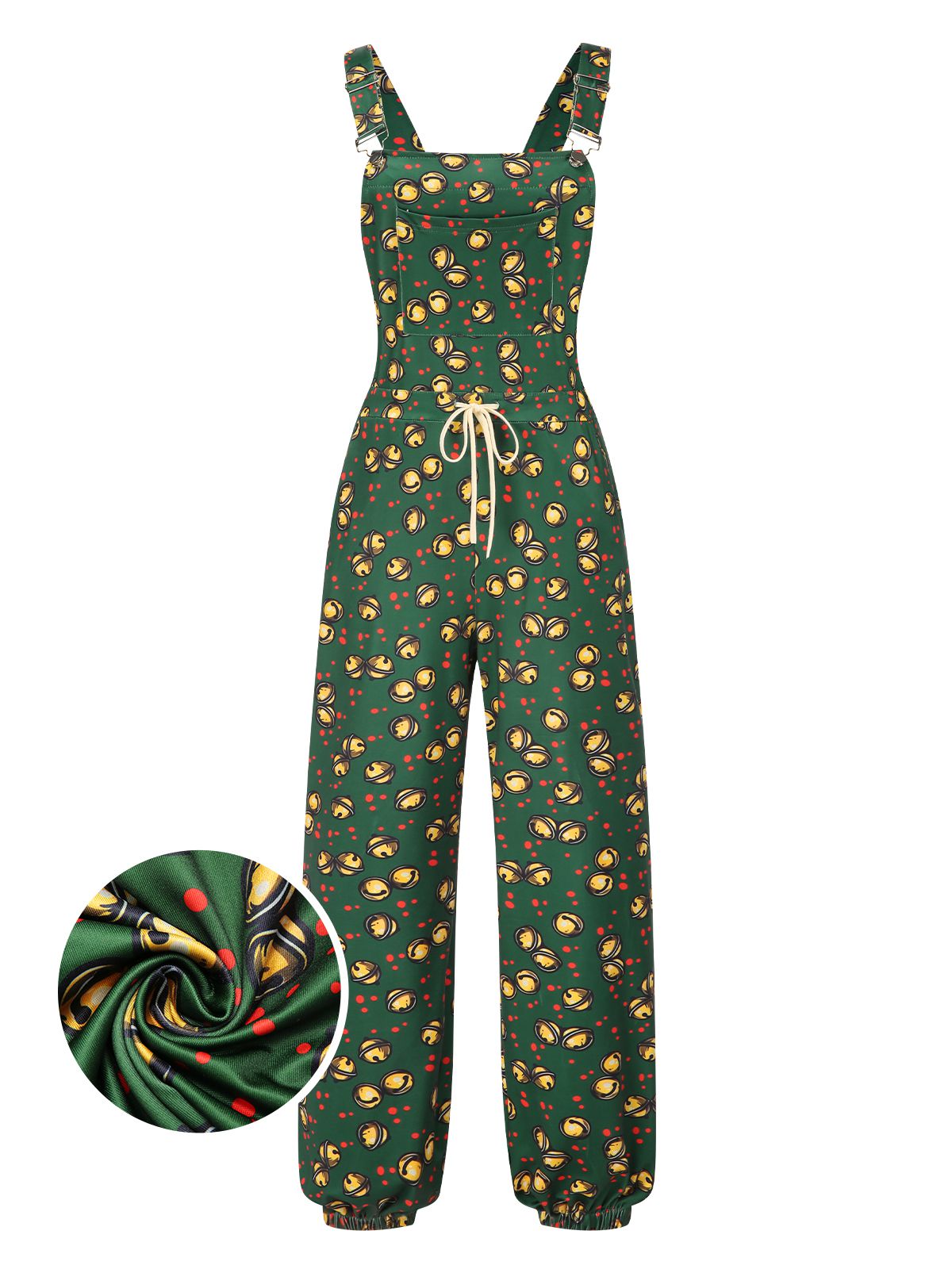 Dark Green 1930s Christmas Bells Multi-Pocket Jumpsuit , 1 of 4