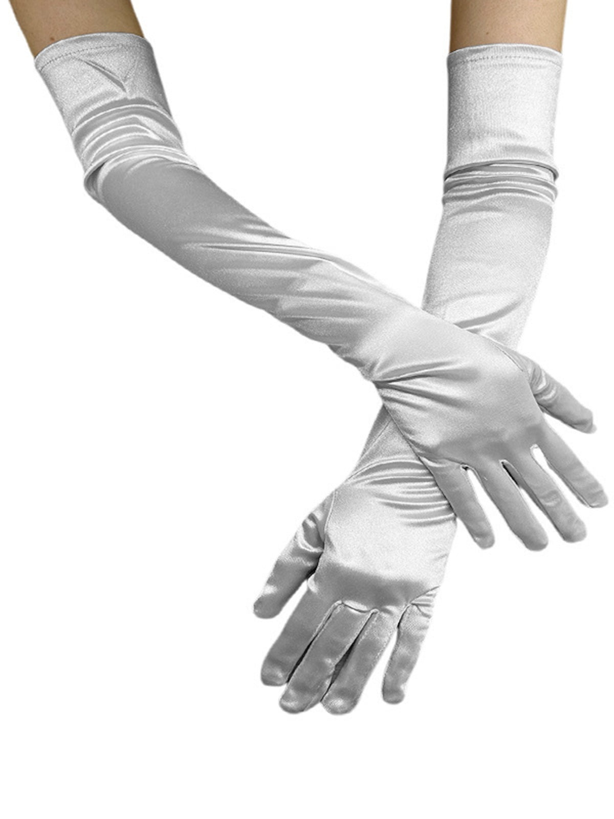 Vintage Solid Faux Satin Elbow Long Gloves White, 1 of 4