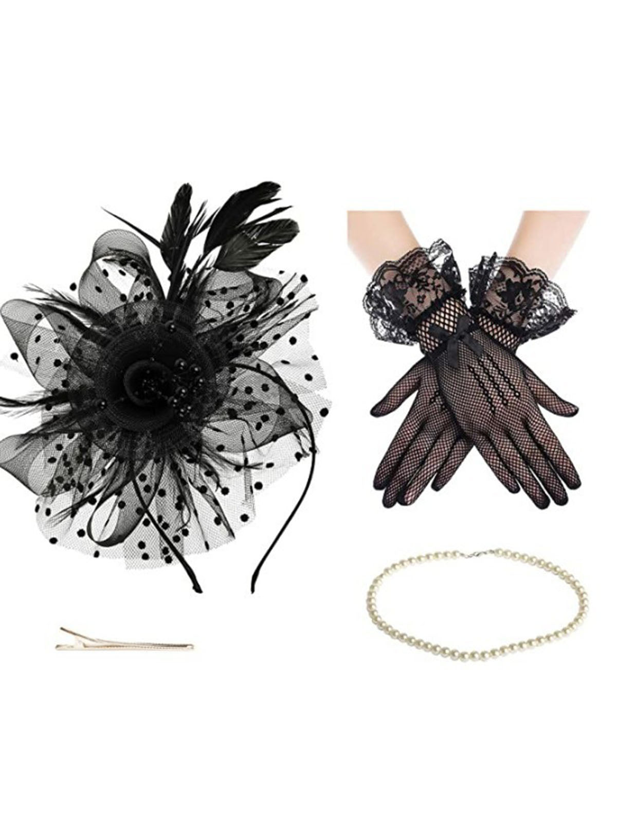 Black Feather Fascinator Hat With Veil & Necklace & Gloves, 1 of 2