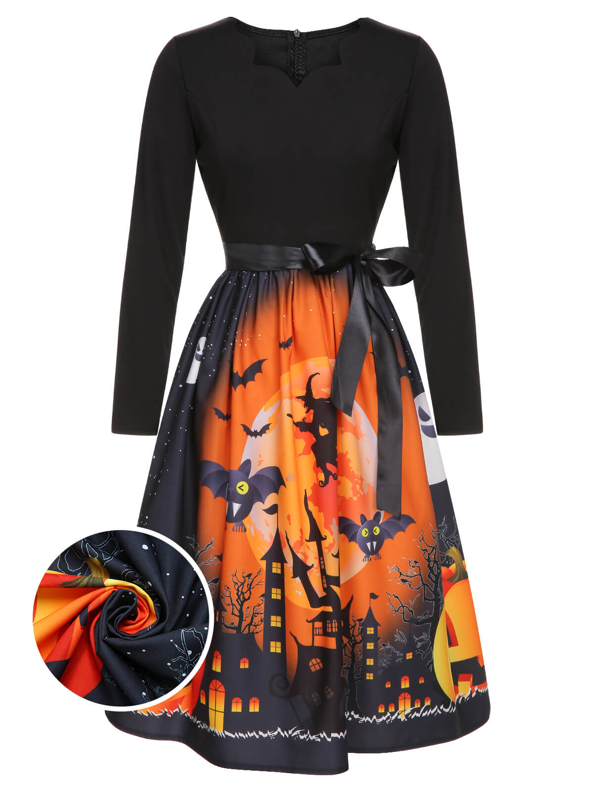 1950s Halloween Pumpkin V-Neck Hepburn Dress Black / S, 1 of 3