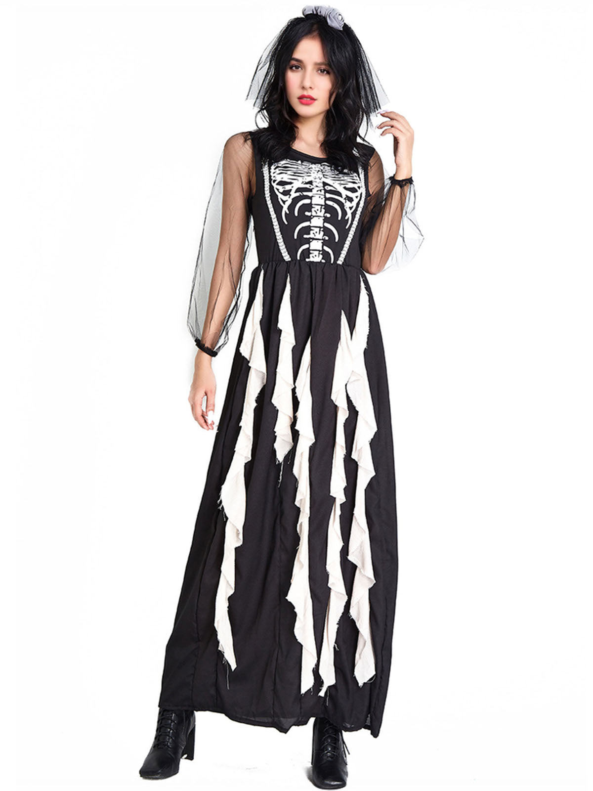 Black Halloween Skeleton Ruffles Dress With Veil , 9 of 11