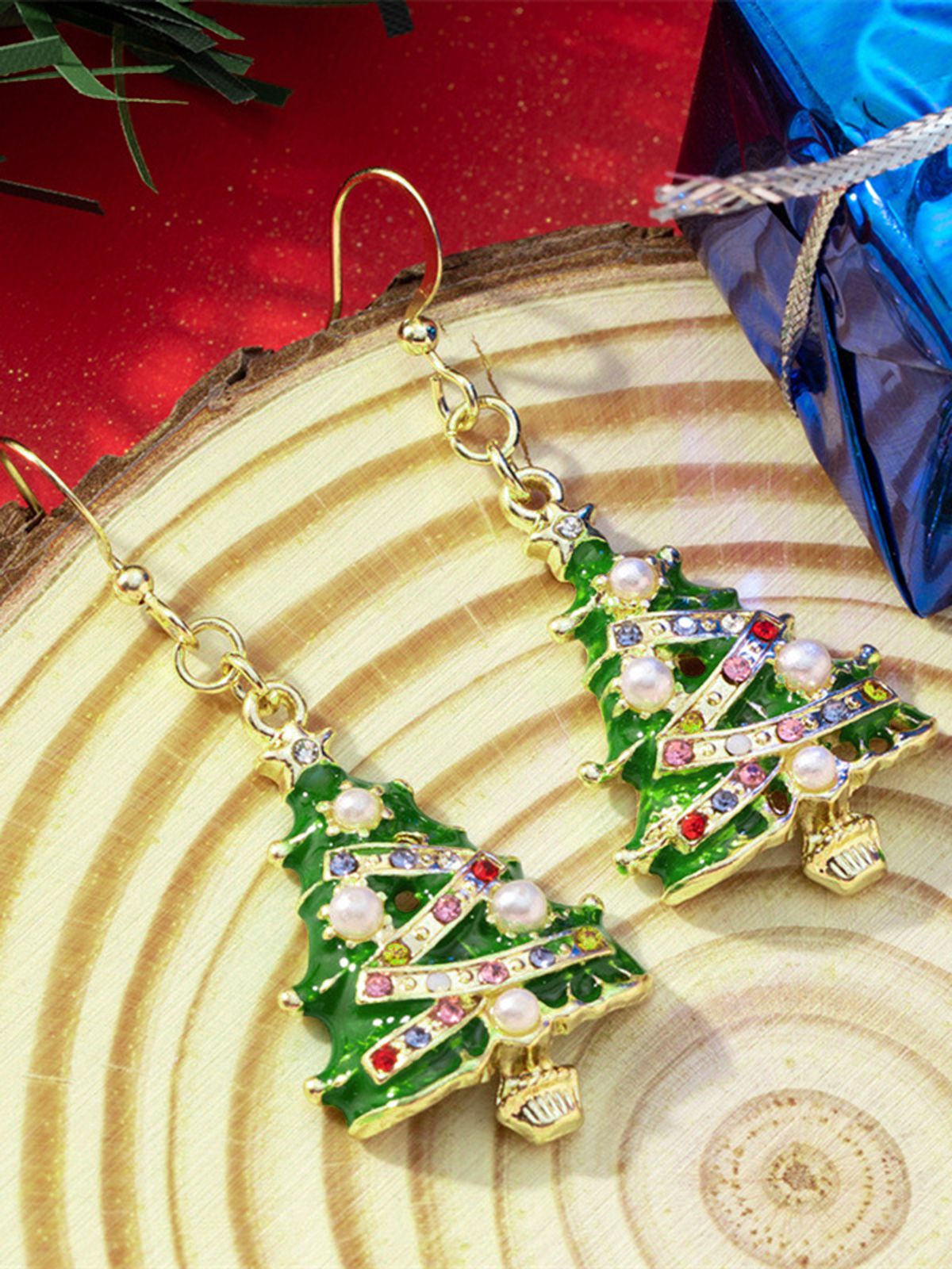 Christmas Tree Enamel Oil-Drip Earrings , 1 of 3