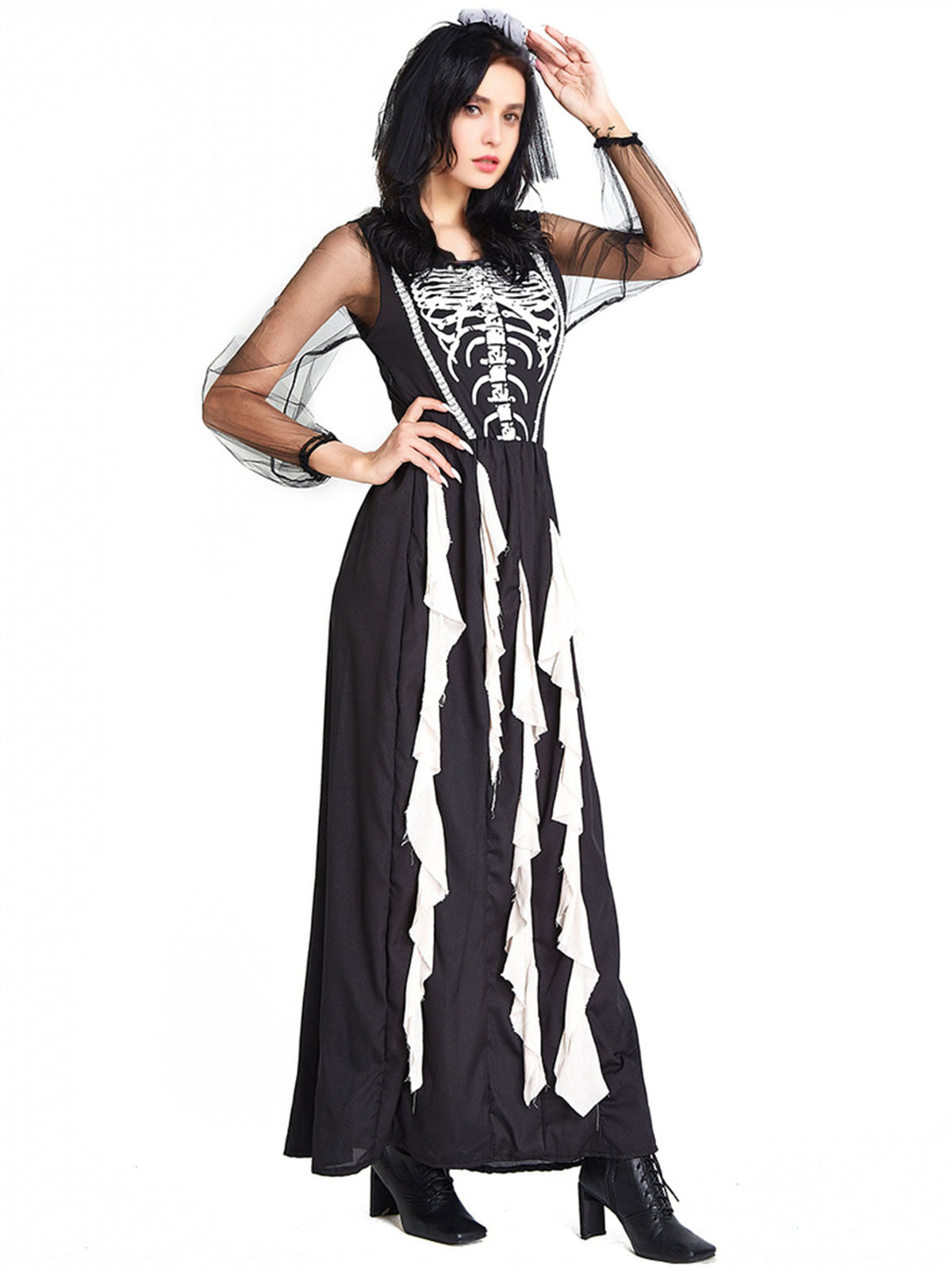 Black Halloween Skeleton Ruffles Dress With Veil , 8 of 11