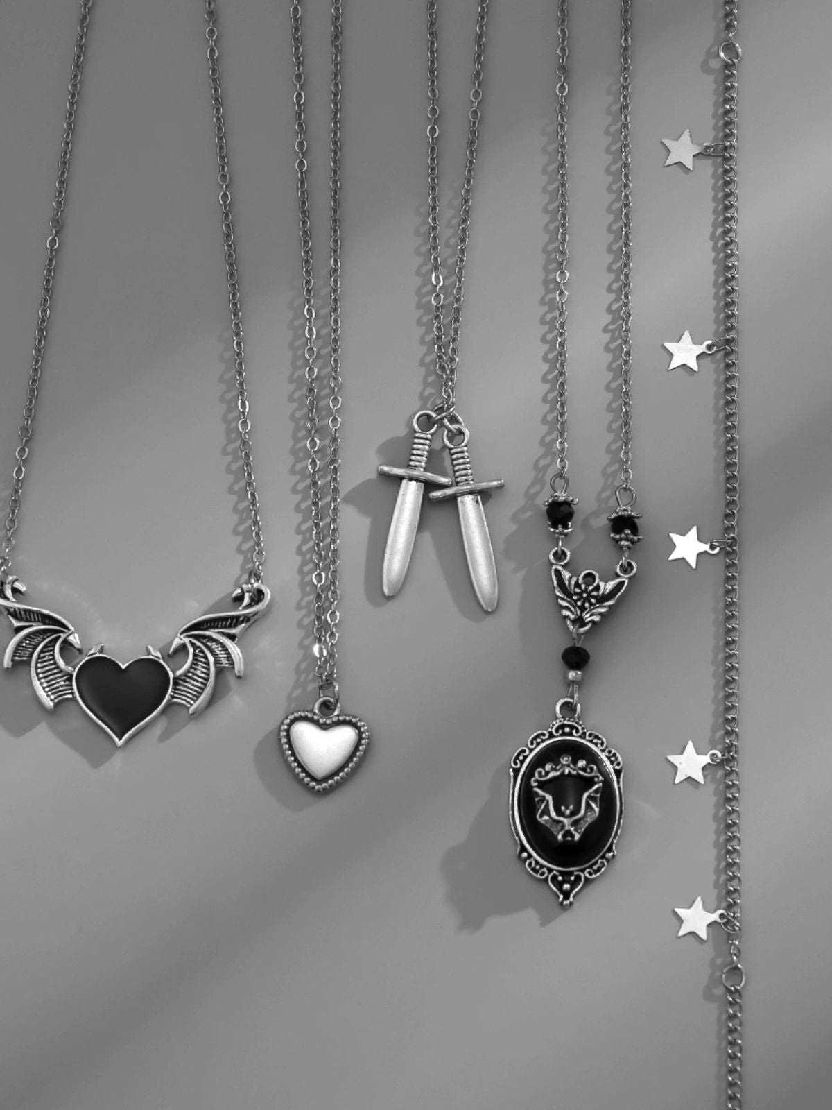 Black Gothic Heart Wings Star Dagger Pendant Necklace Set , 9 of 9