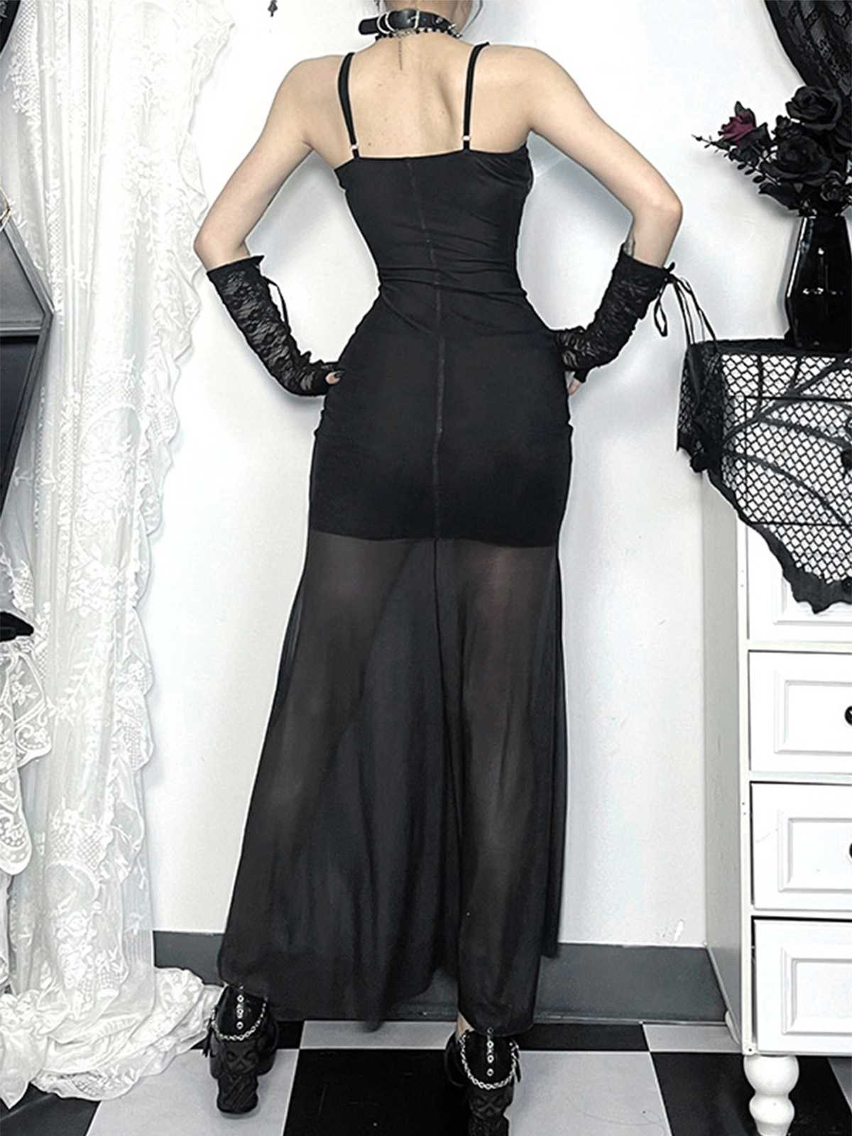 Black 1970s Slip Gothic Skeleton Print Mesh Dress , 4 of 8