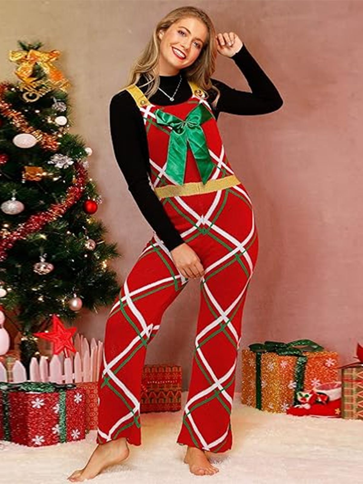 Christmas Gift-Themed Bow Plaid Jumpsuit, 3 of 5