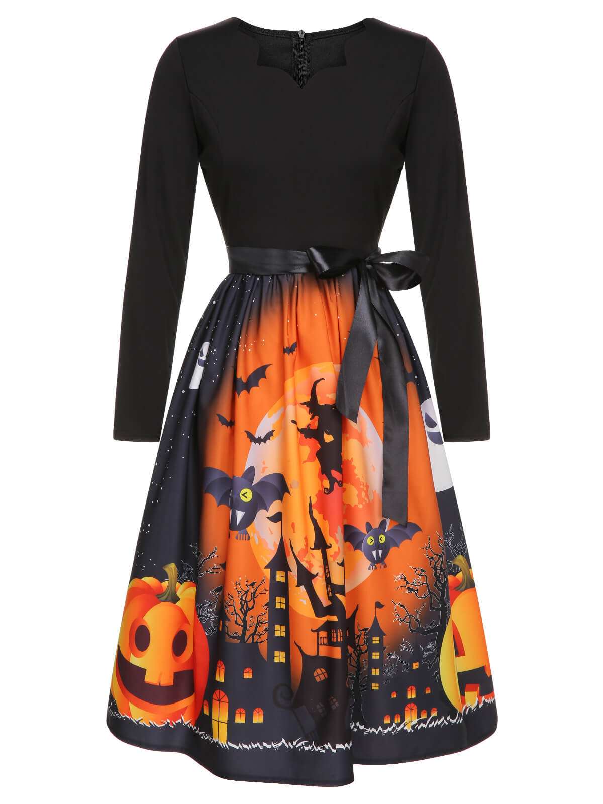 1950s Halloween Pumpkin V-Neck Hepburn Dress Black / S, 2 of 3