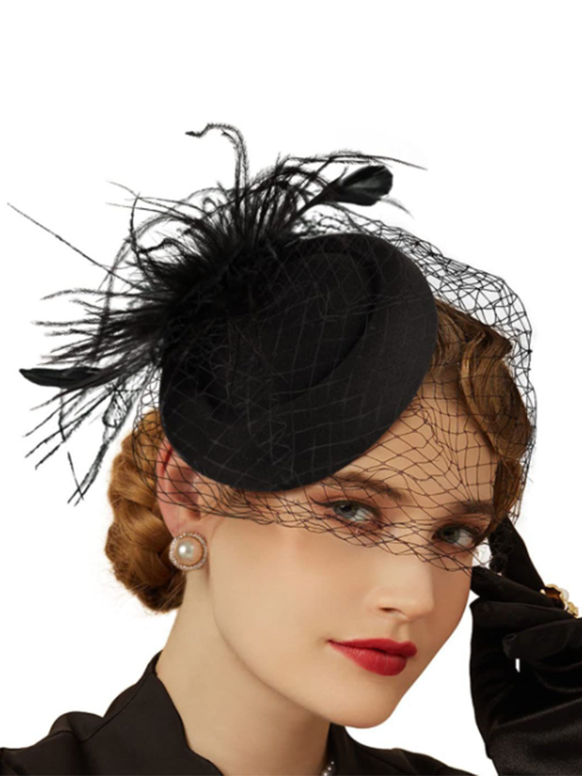 Black Faux Feather Fascinator Hat With Veil, 2 of 2