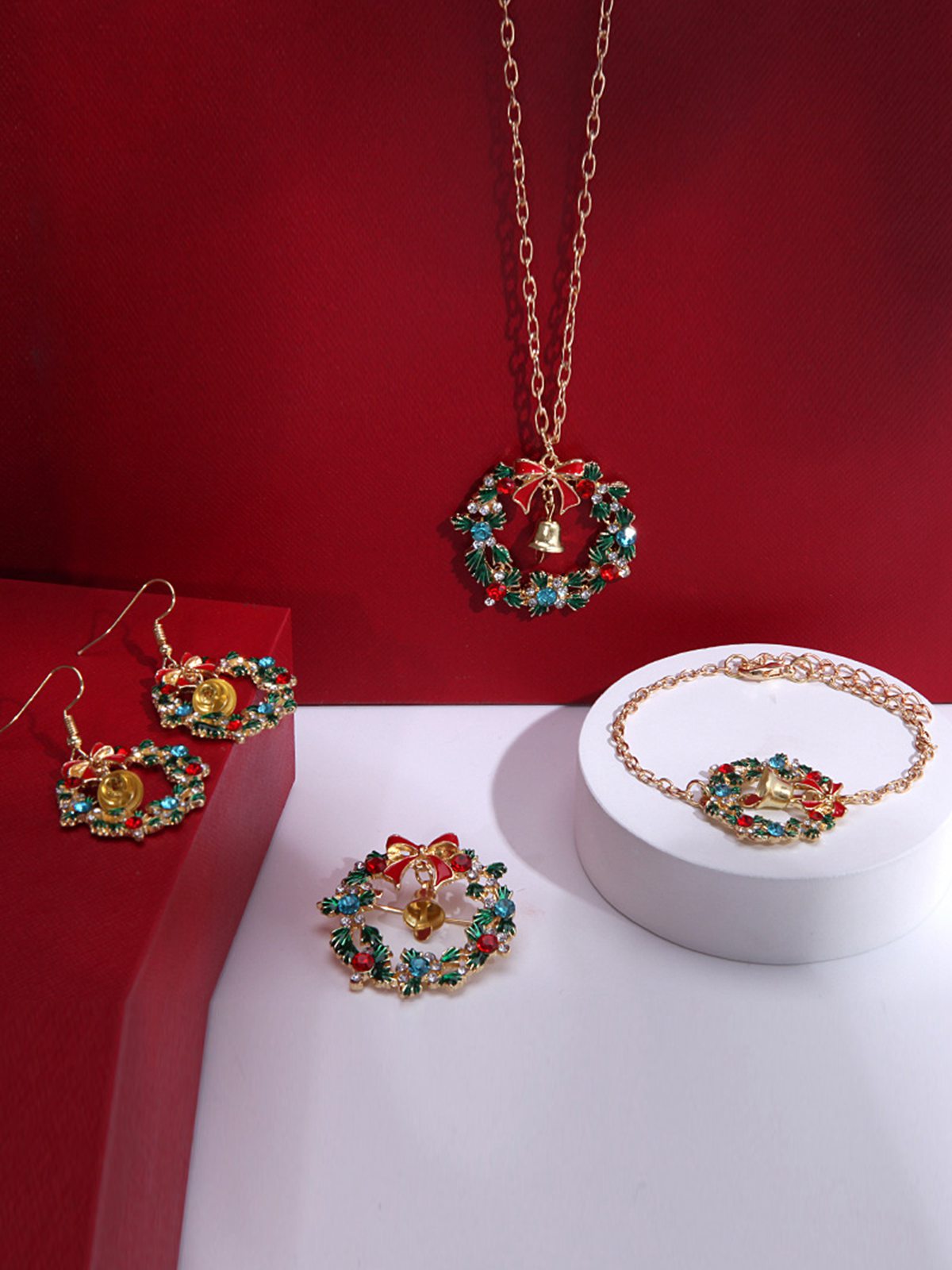 Christmas Wreath Colored Rhinestoned Jewelry Set, 1 of 1