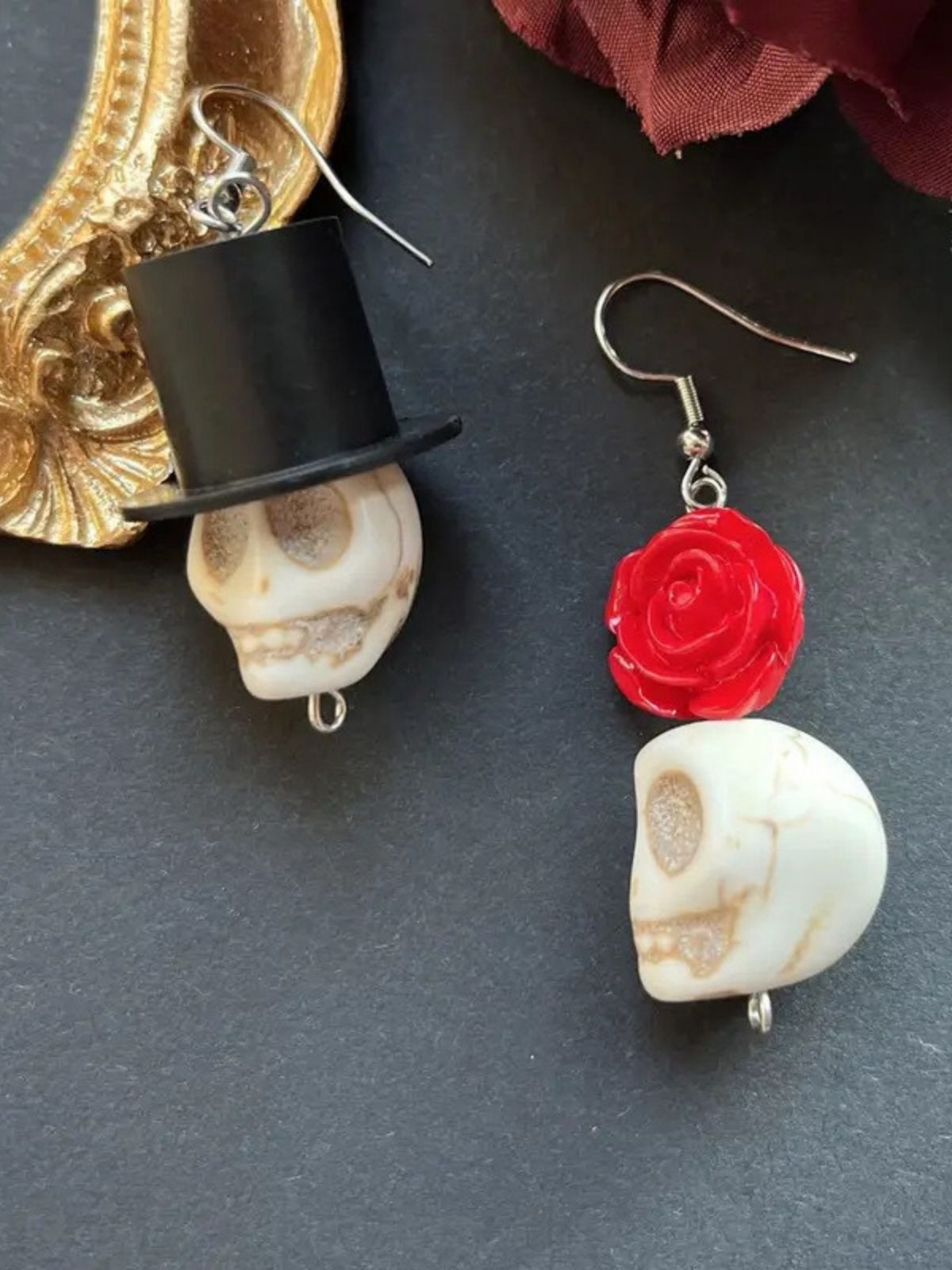 Vintage Skull Rose Halloween Earrings , 2 of 3