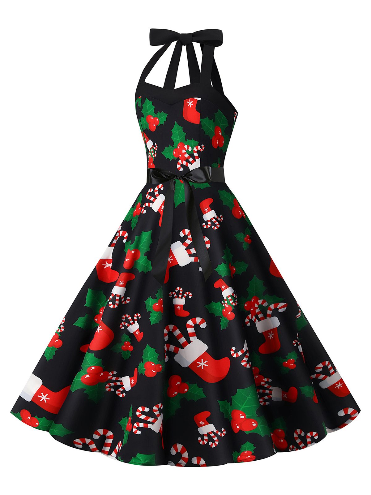 1950s Christmas Halter Belted Swing Dress , 3 of 11