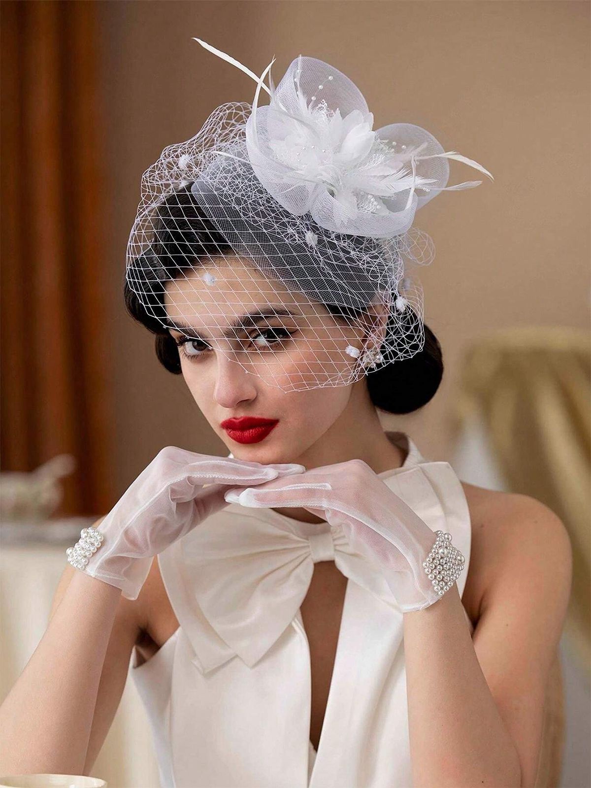 Floral Feather Fascinator Hat With Veil , 2 of 6