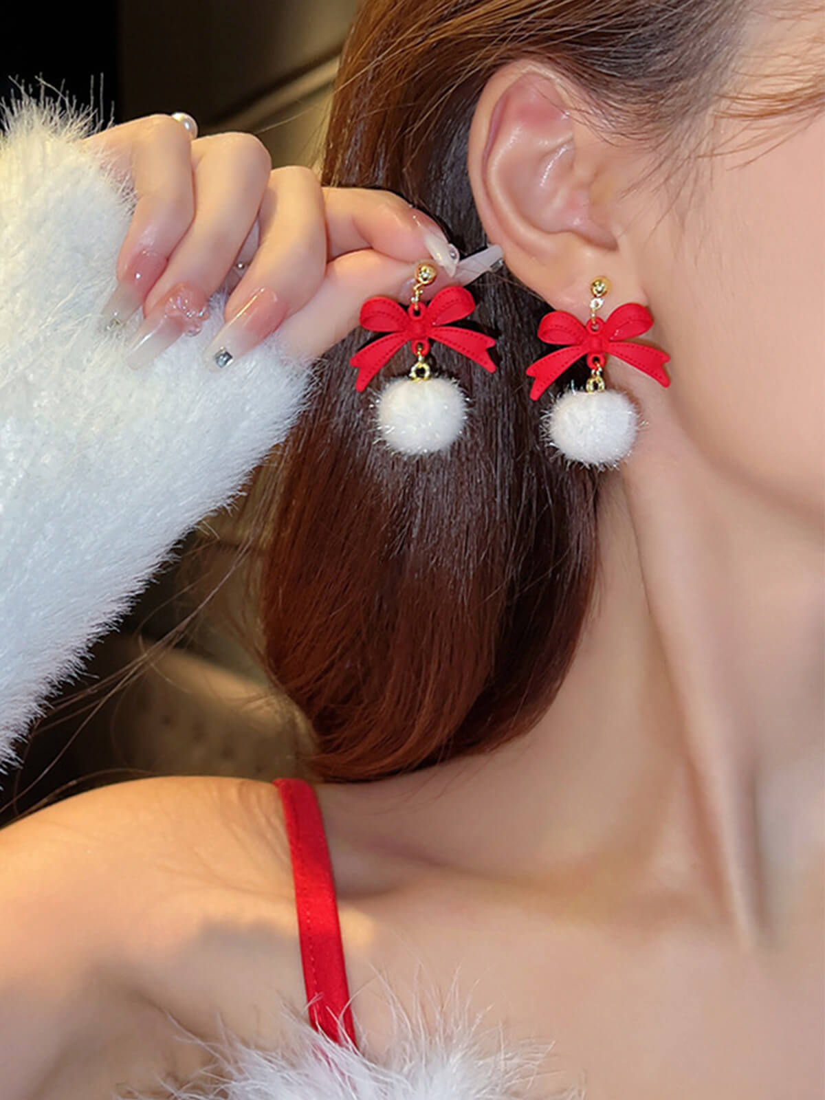 Christmas Red Bow White Plush Ball Earrings, 1 of 1