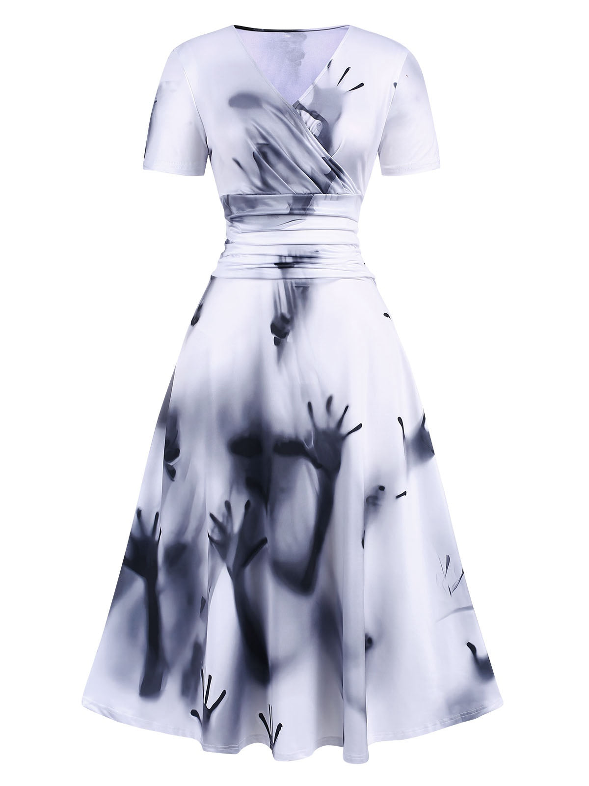 Black V-Neck Halloween Handprints Dress, 1 of 5