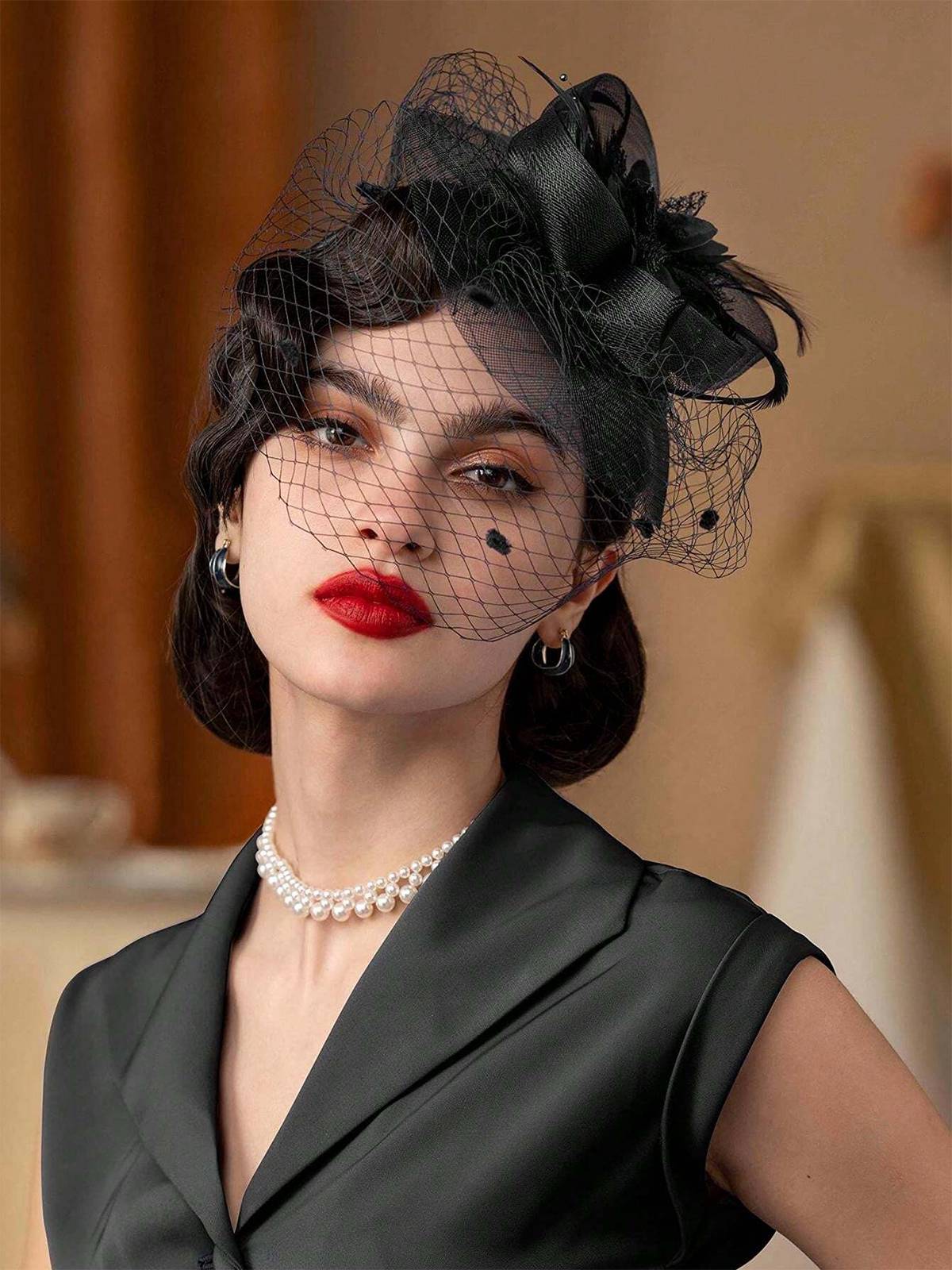 Floral Feather Fascinator Hat With Veil , 1 of 6