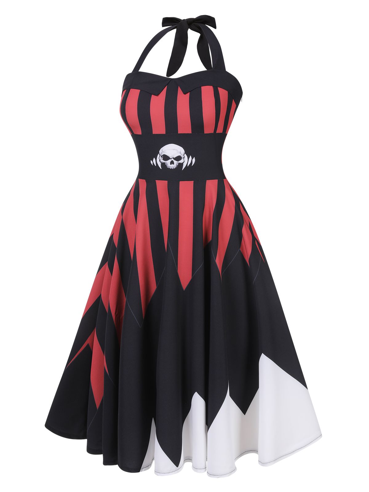 Black&Red 1950s Halloween Halter Skull Dress Black / S, 3 of 4