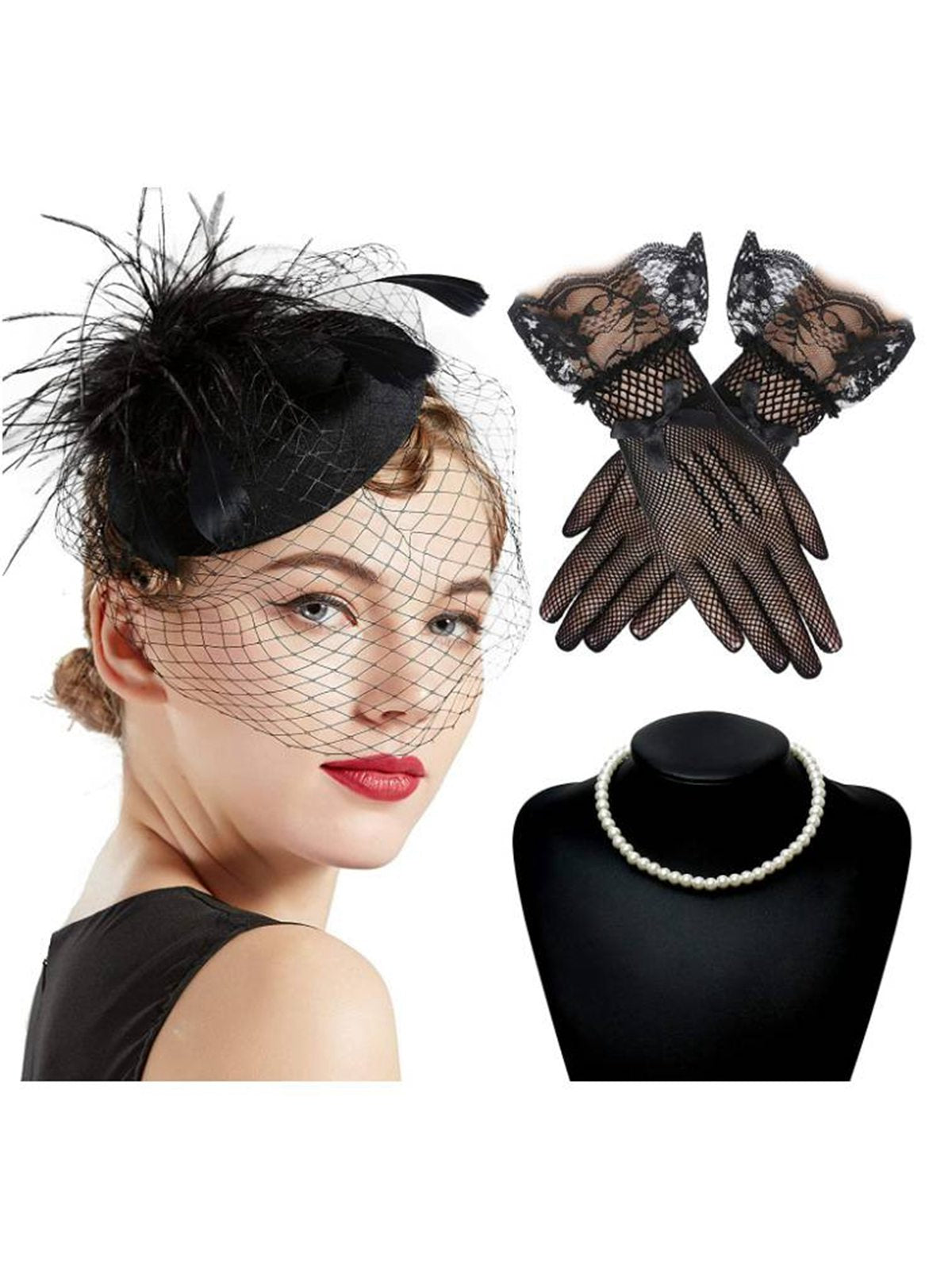 3PCS Black Feather Hat & Necklace & Lace Gloves , 1 of 1