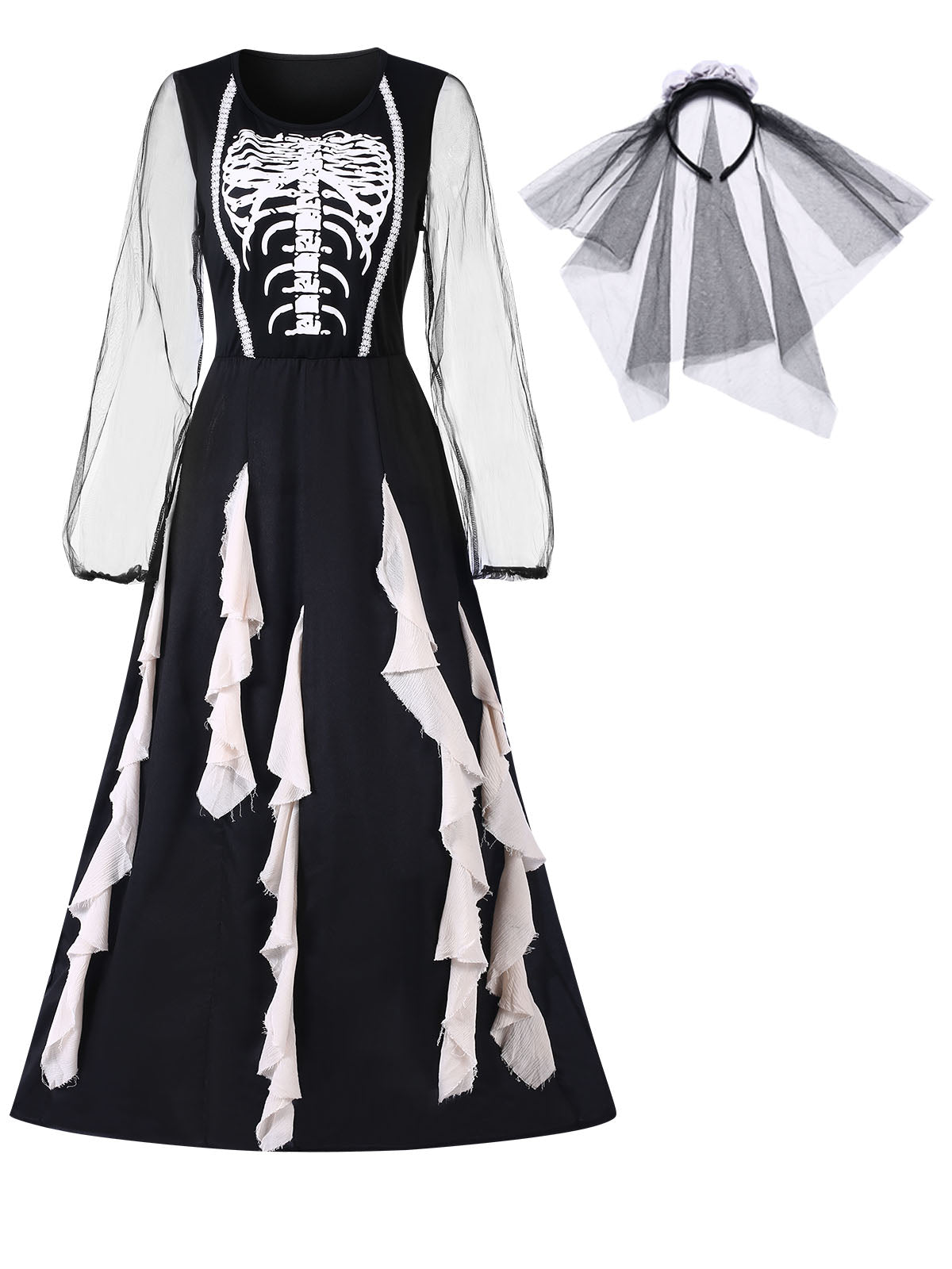 Black Halloween Skeleton Ruffles Dress With Veil , 1 of 11