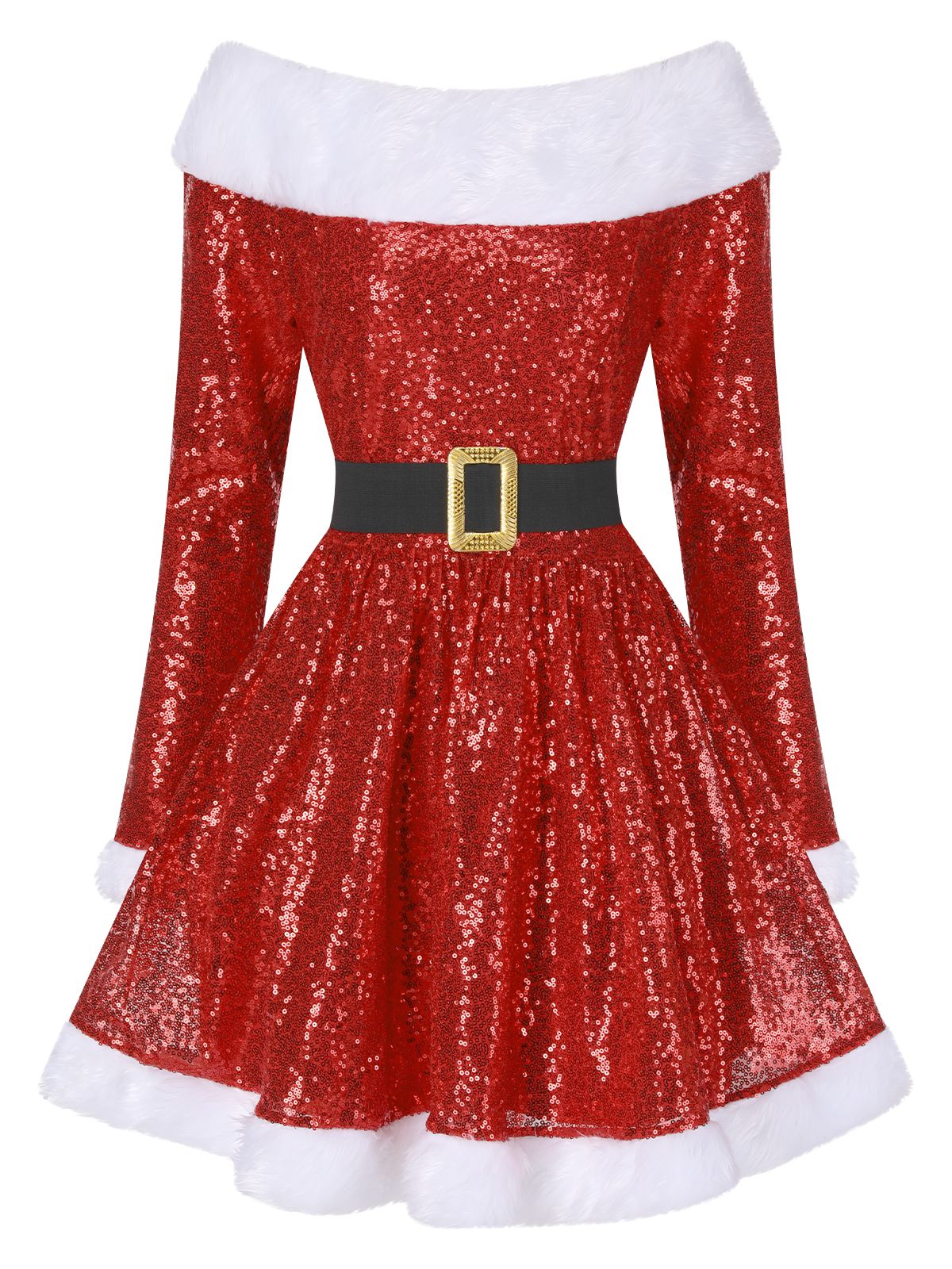 Red 1950s Christmas Off Shoulder Fur Belted Dress , 1 of 3