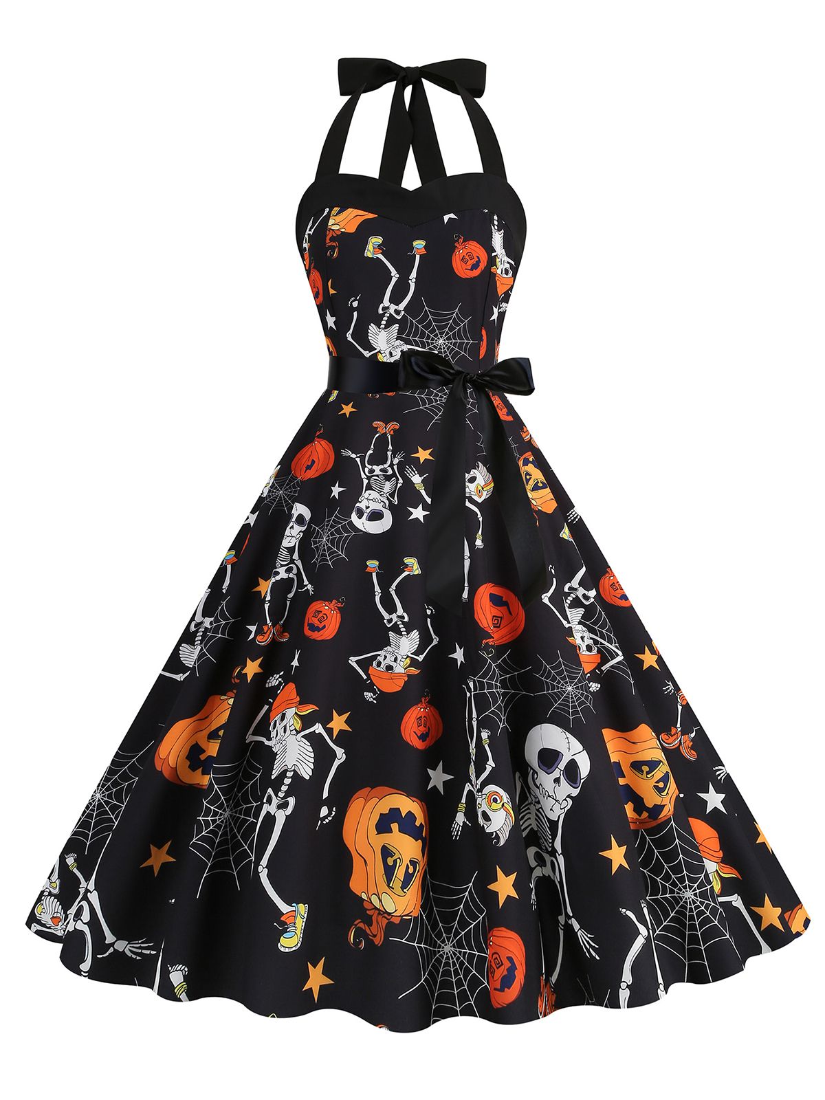 Halloween Skull Halter Lace-Up Dress, 1 of 12
